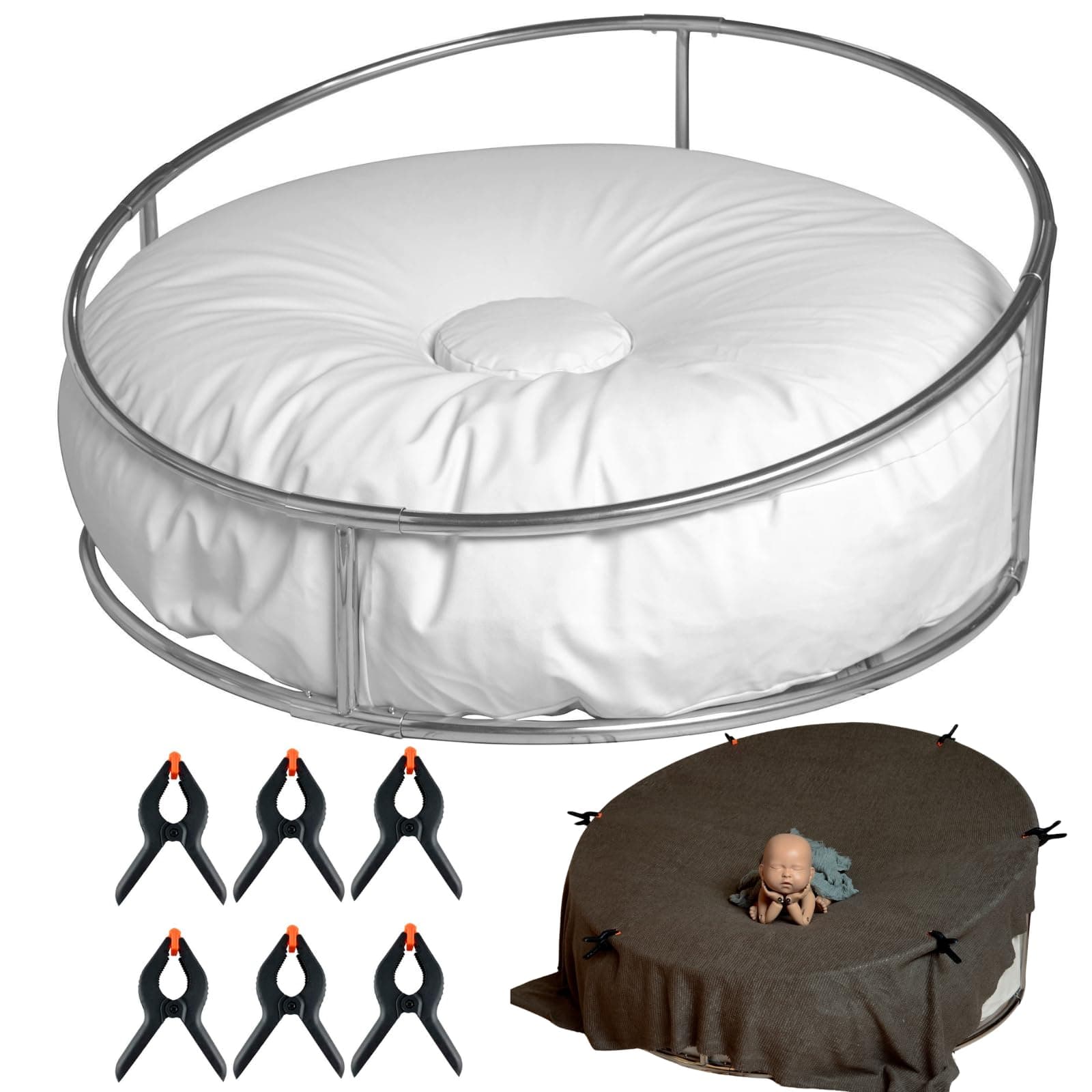 Newborn Posing Table and Beanbag(Unfilled) Round Newborn Photography Stand with 6 Clamps Baby Photoshoot Stand Backdrop Frame Infant Stainless Steel Background Station for Newborn Photo Sessions