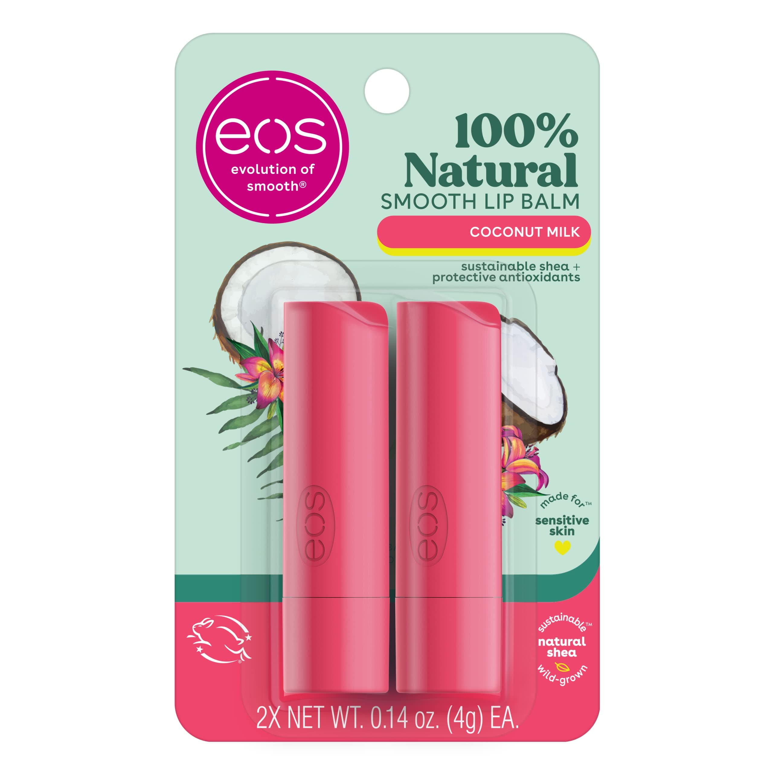 100% Natural Lip Balm- Coconut Milk, eos lip balm, All-Day Moisture, Lip Care, Shea Butter, Moisturizing, Sensitive Skin,0.14 oz, 2 Pack