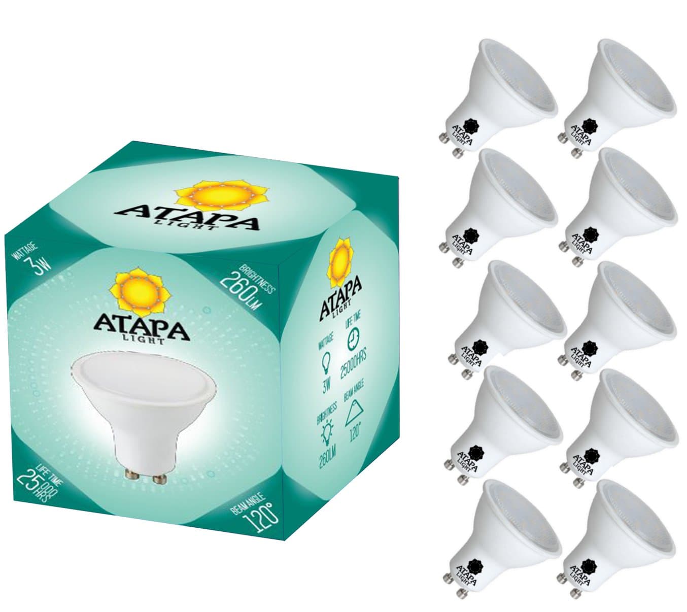 ATAPA 10 x GU10 Halogen Downlights/Spotlights Recessed Track LED Bulbs Lighting 3 Watt 260 Lumens 120° Beam Angle Very Bright Natural Warm white 3000 Kelvins light, for Shower Bathroom Kitchen Living Room Porch Home Garden Library Accessories [Energy Class A+]