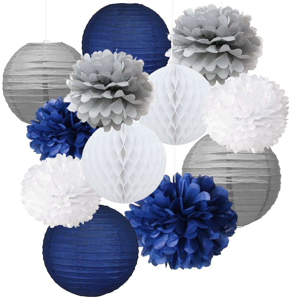 12pcs Mixed Navy Blue Grey White Party Tissue Pompoms Flower Hanging Paper Lantern Honeycomb Balls Nautical Themed Vintage Wedding Birthday Baby Shower Nursery Decoration