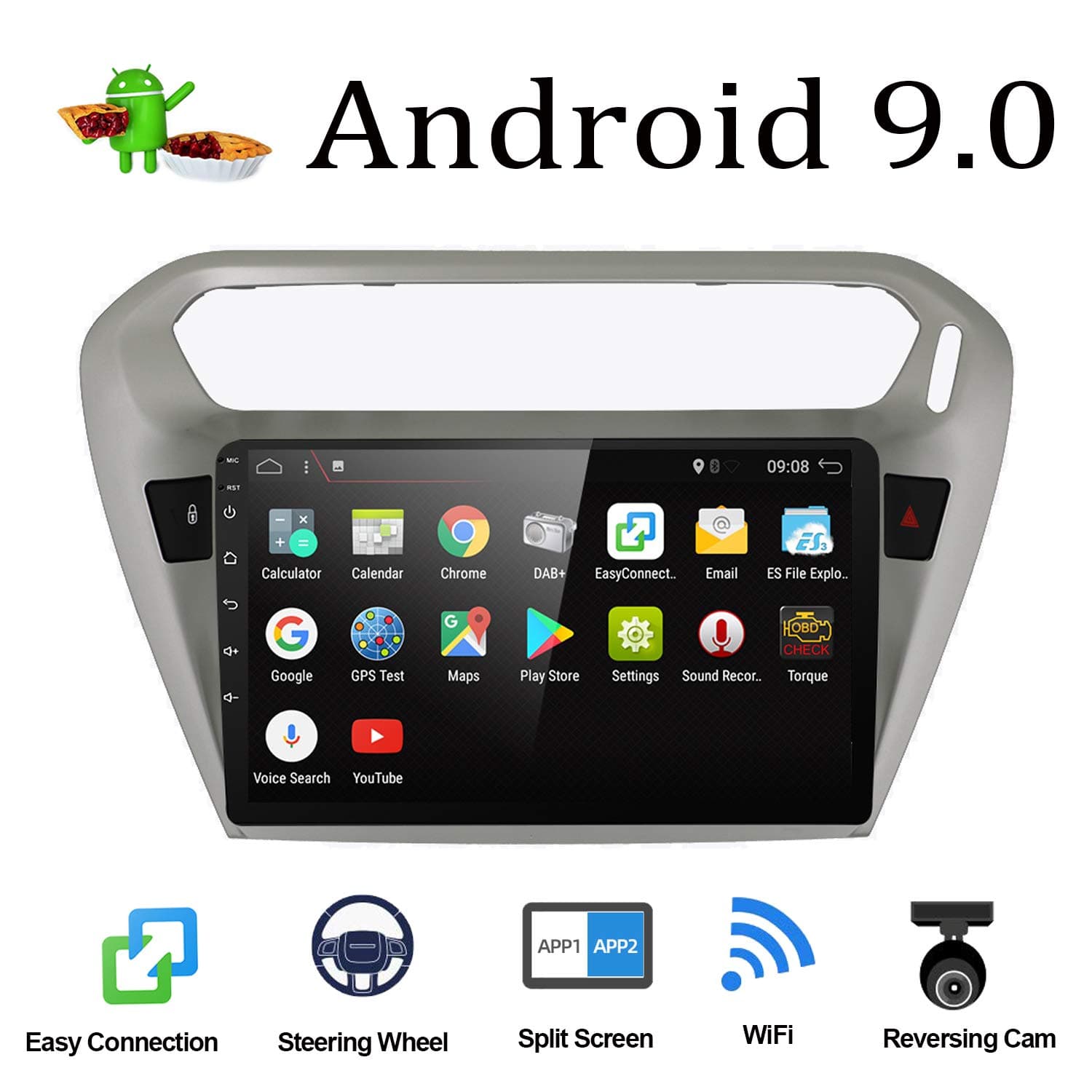 Android 9.0 Double Din Car Stereo for Peugeot 301 2014 Radio GPS Navigation Head unit | 9 Inch 1024x600HD | Support Bluetooth | Steering Wheel WIFI USB | Free Backup Camera & Canbus |