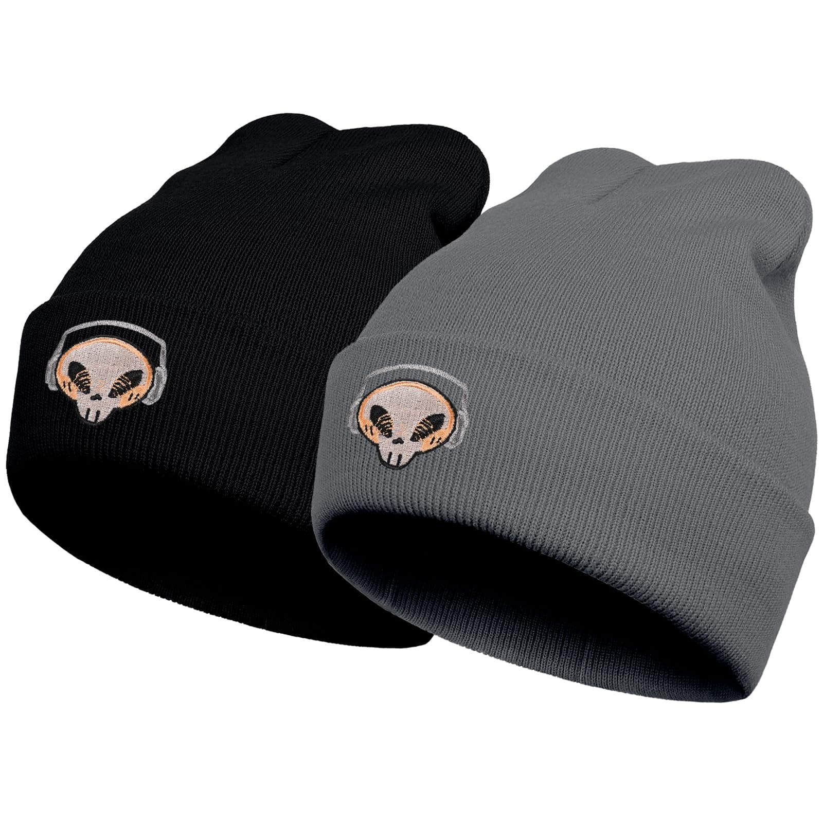 Black Graphic Beanie Hat for Men Women Winter Knit Cuffed Embroidery Skull Cap