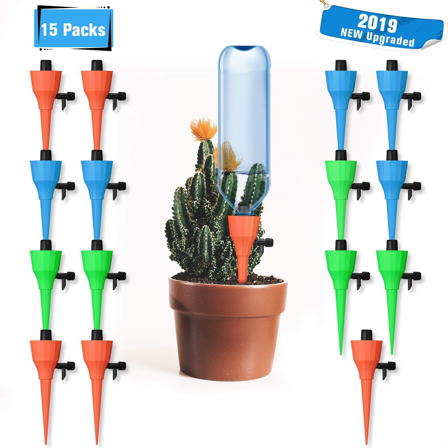 2019 New Plant Self Watering Spikes with Valve Switch Slow Release Control Self Irrigation Watering Drip Devices, Plant Waterer for All Bottles for Plants Flower Vegetables 15 Pack/Set