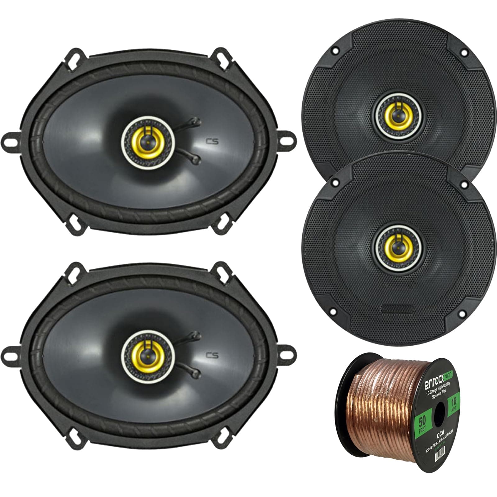 Car Speaker Set Combo Of 2 Kicker 46CSC654 6.5" 600W 2-Way CS-Series Car Audio Speakers, 2 Kicker 46CSC684 6x8" 450W 2-Way Car Coaxial Stereo Speakers, Enrock 50 Foot 16-Gauge Speaker Wire