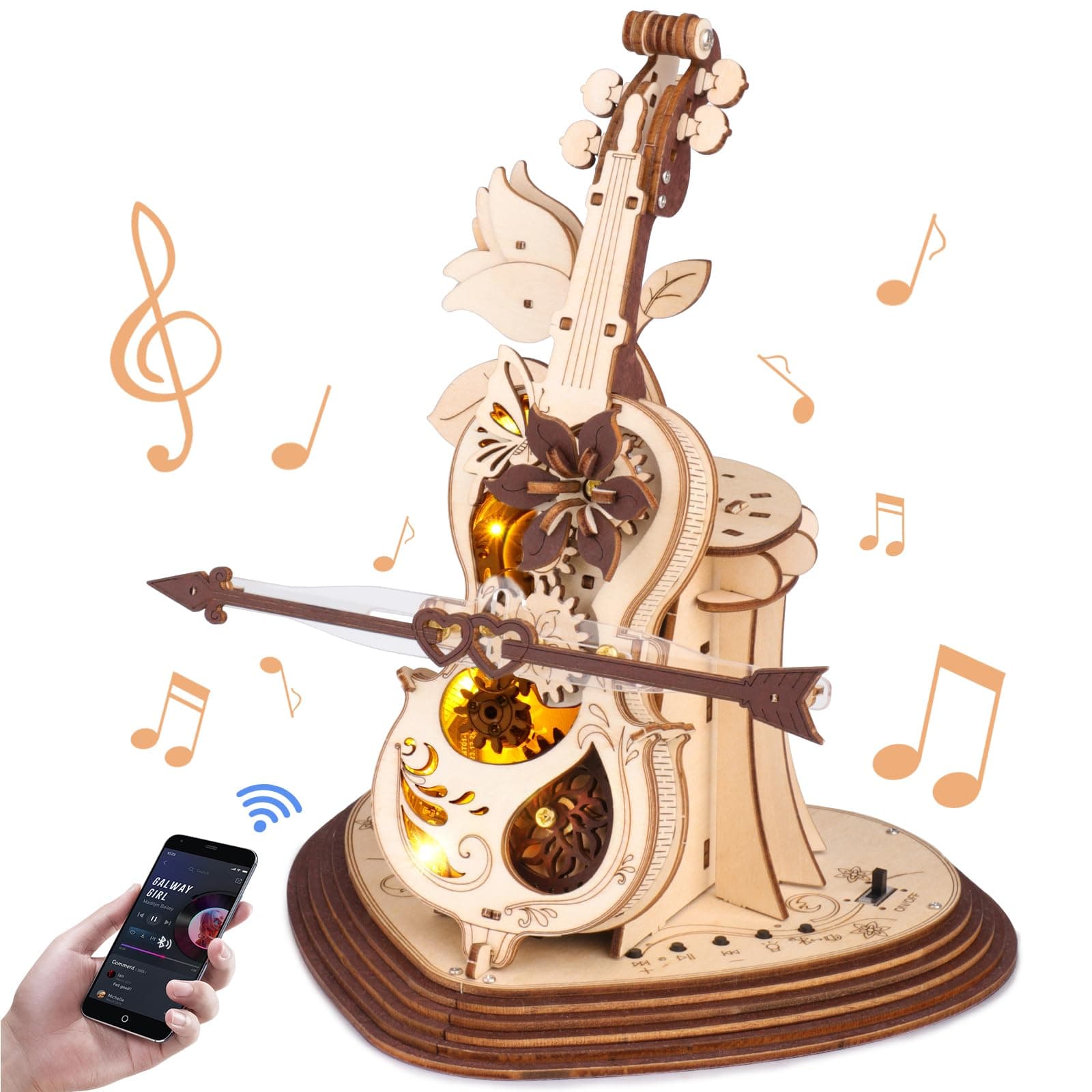 3D Wooden Puzzle Model Kits for Adults to Build, Magic Mechanical Cello Music Box Model with Light, DIY Crafts Kit,Christmas and Birthday Puzzle Gifts for Teens & Adults
