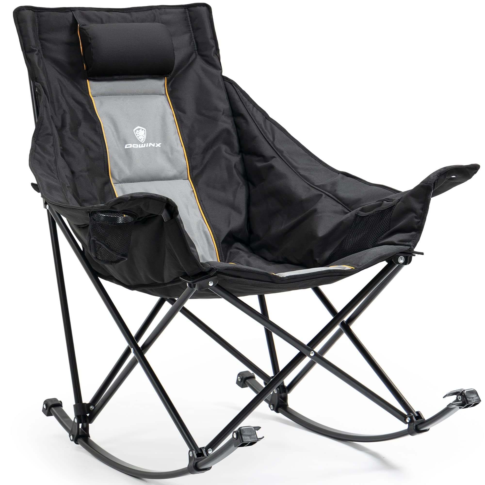 Oversized Rocking Camping Chair, Fully Padded Patio Chair with Side Pocket and Carry Bag, High Back Portable Lawn Recliner with Headrest, Support 300 lbs, Black