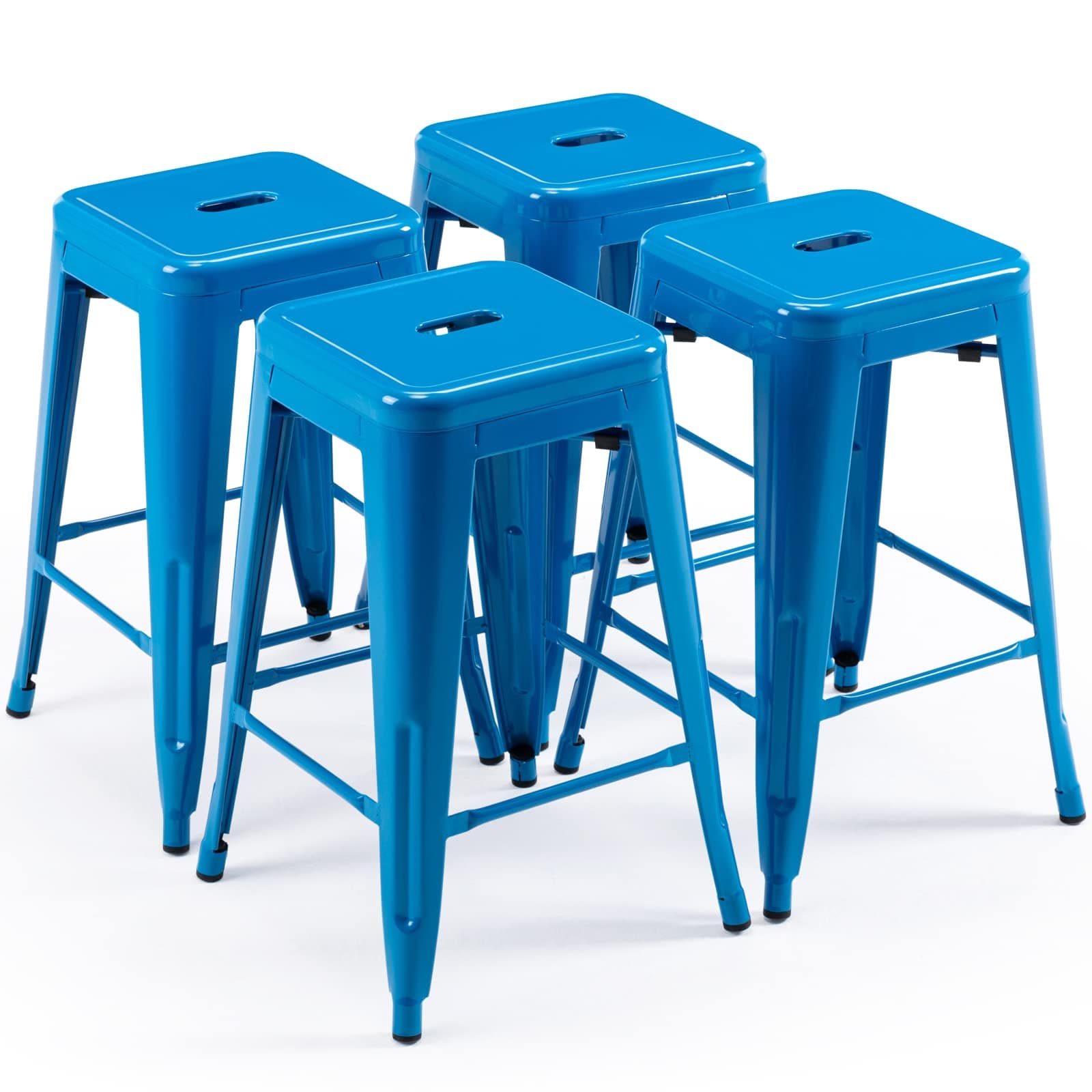 Vogue Furniture Direct 24 Inch Metal Bar Stools, Backless Counter Height Barstools, Indoor Outdoor Stackable Stools with Square Seat, Set of 4 (Blue)