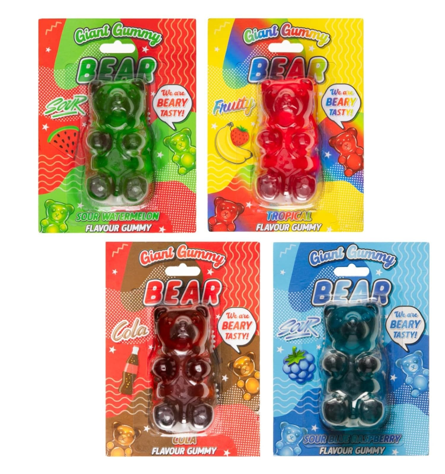 Assorted Gummy Bear Pack of 4 - Sour Raspberry, Sour Watermelon, Cola, and Fruity Bears