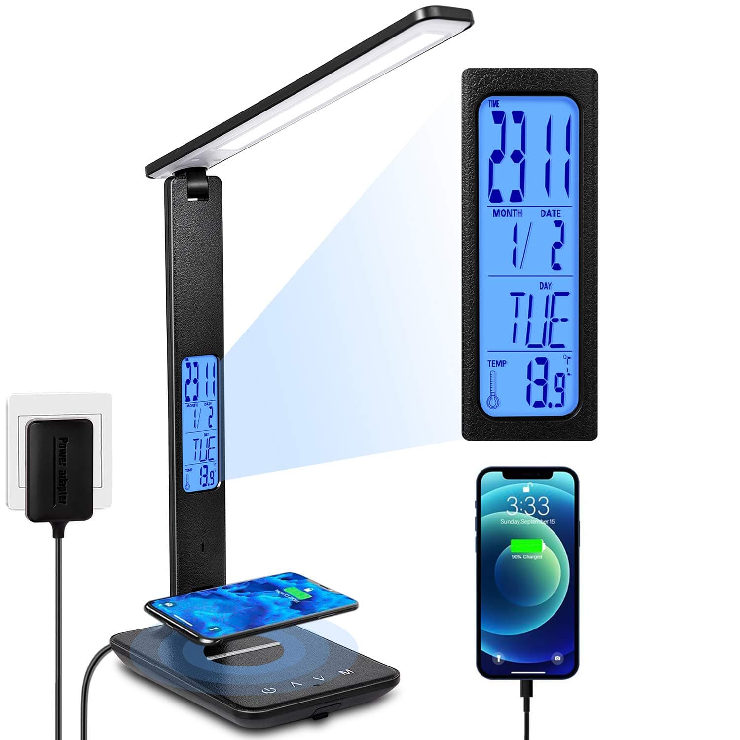 LED Desk Lamp with Wireless Charger, Suitable for Home, Office Dimmable, with USB Charging Port, Built-in Clock, Calendar, Thermometer and Automatic Timing Reading Desk Lamp.