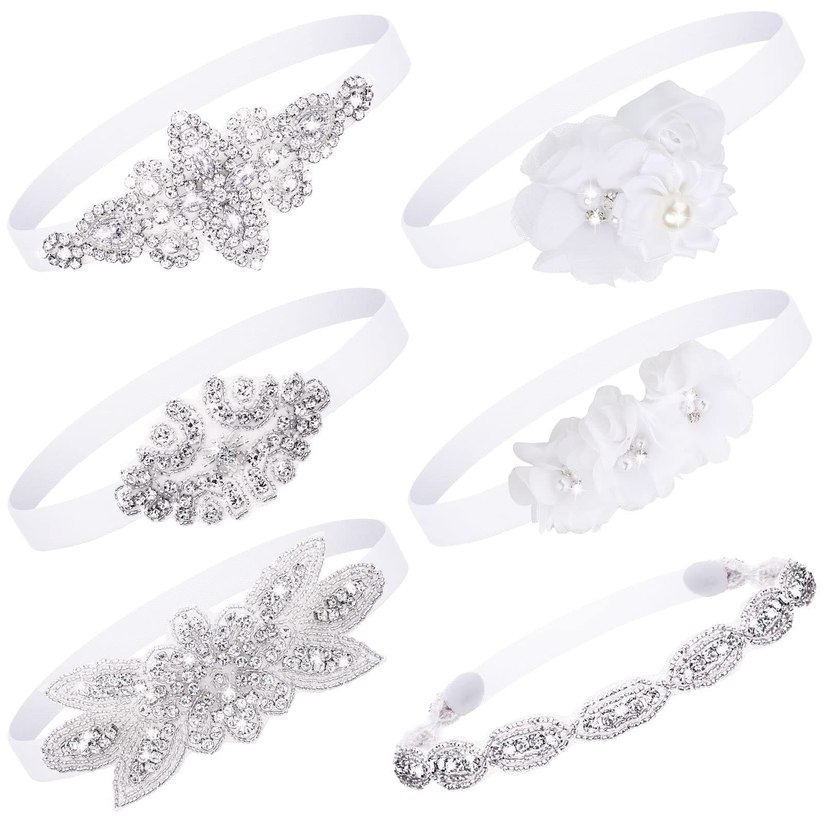 6 Pcs White Baptism Headband for Baby Girl Toddler Elastic Christening Headbands Chiffon Flower Crystal Lace Infant White Head Bands Gifts Birthday Baby Shower Party(3-6 Months)