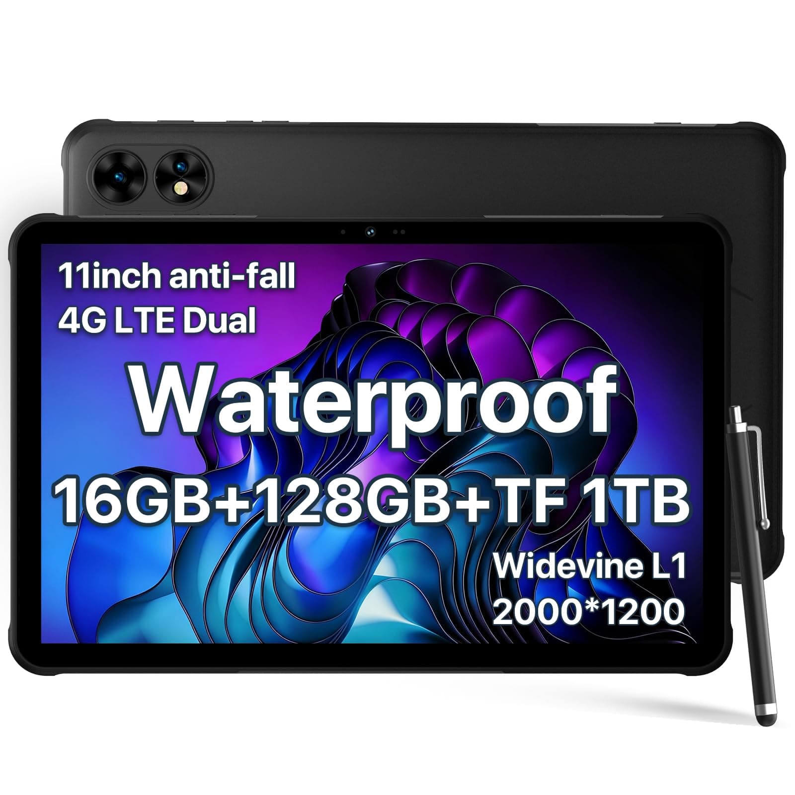 Outdoor Tablet 11 Inch 2K FHD+, Active T1 Lightweight Rugged Tablet Waterproof, 16GB + 128GB (TF 1TB) Tablet with SIM Card Slot, Octe-Core/16MP x 2/10000mAh/GPS/OTG/5G WiFi, Android Tablets