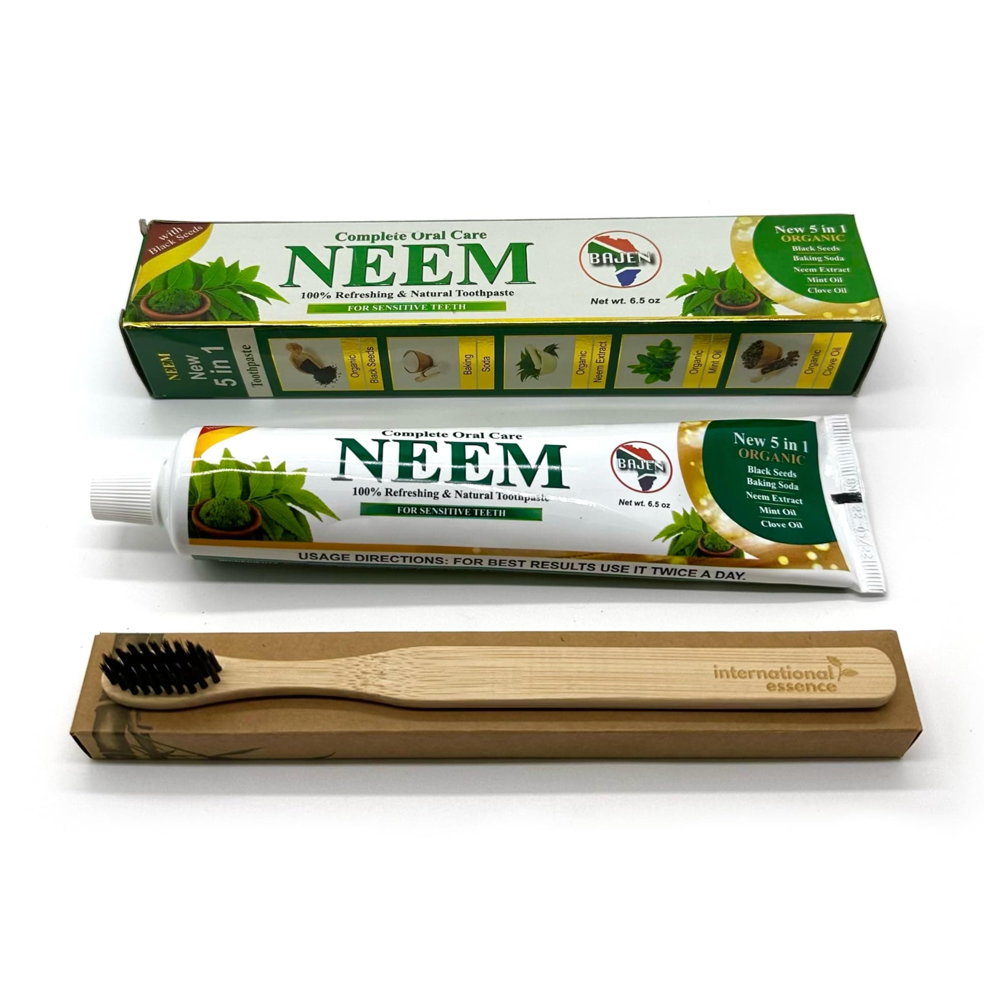Organic 5 in 1 Fluoride Free Toothpaste Bundle with Bamboo Toothbrush (Neem)