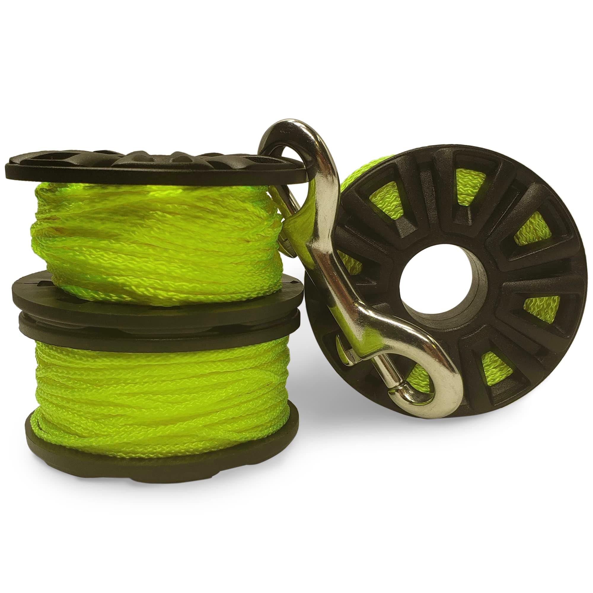 Finger Spool Dive Reel with Double Ended Stainless Steel Hook - DiveSafe Scuba (150Ft) High Visibility Neon Yellow Line For Cave and Wreck Exploration and Scuba Diving