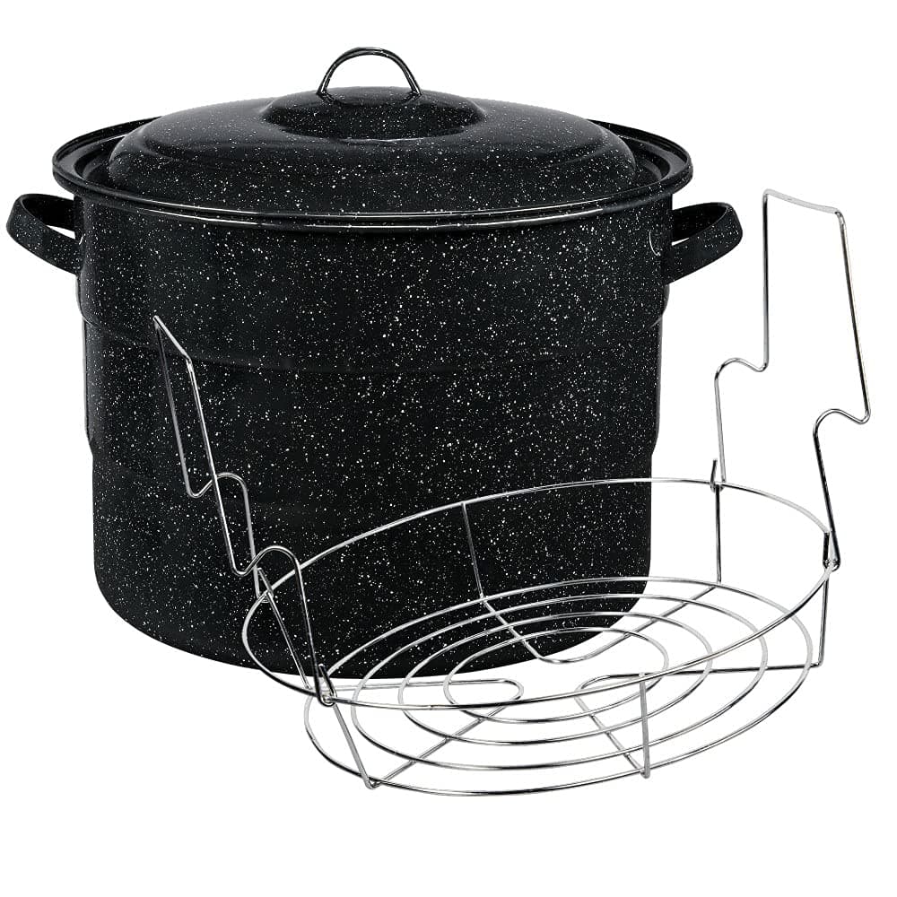 Granite Ware Canning Pot with Rack & Lid - 21 Quart Large Boiling Water Canning Set for Jar Sterilization & Pickling on Stove/Open Flame – Scratch-Resistant Porcelain Enamel & Steel Core (Black)