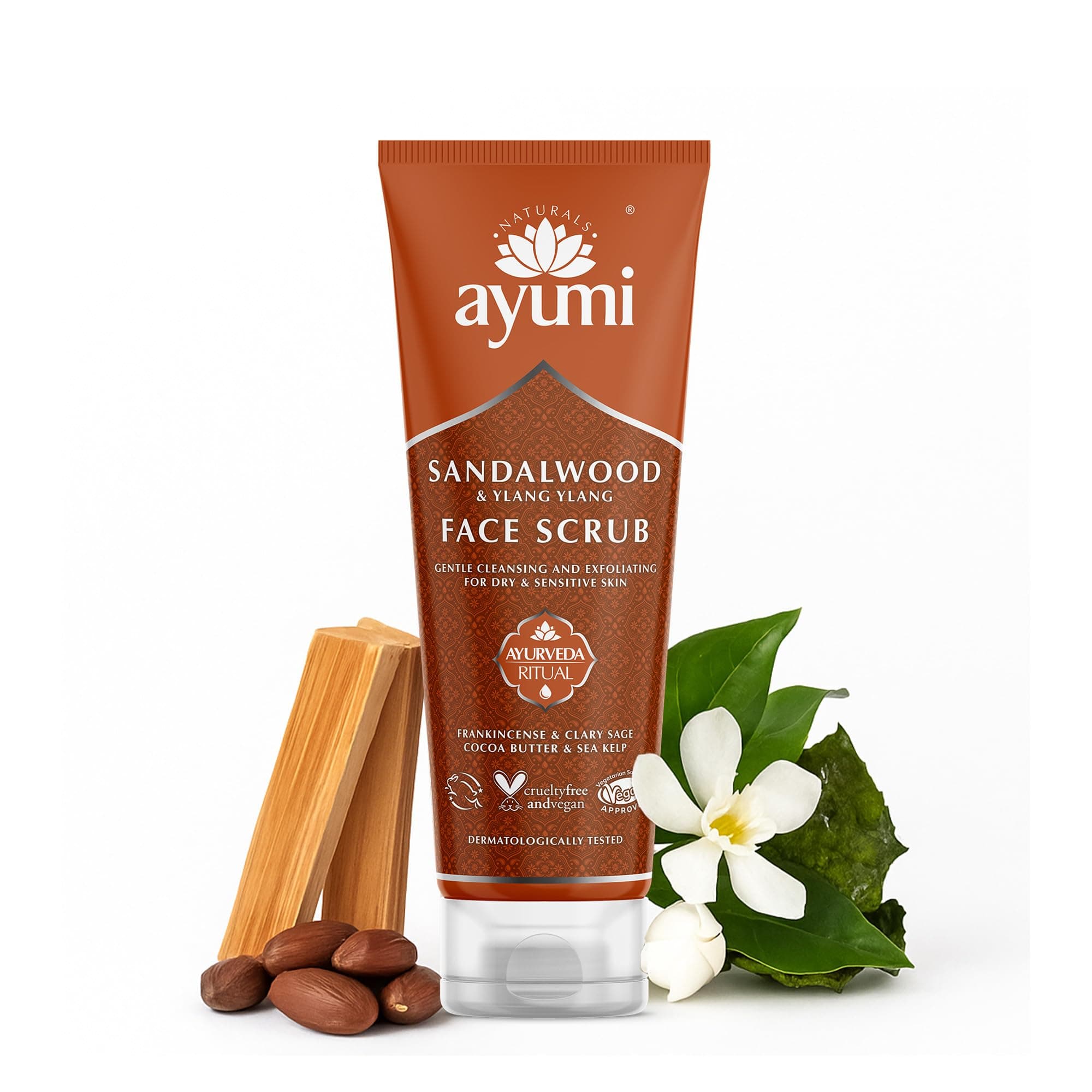 Ayumi Sandalwood Face Scrub | Dry Skin Exfoliating Face Scrub | Black Head Remover for Face with Sea Kelp | Dull Skin Face Exfoliator Scrub | Aromatic Face Scrub for Women & Men | 1 x 125 ml