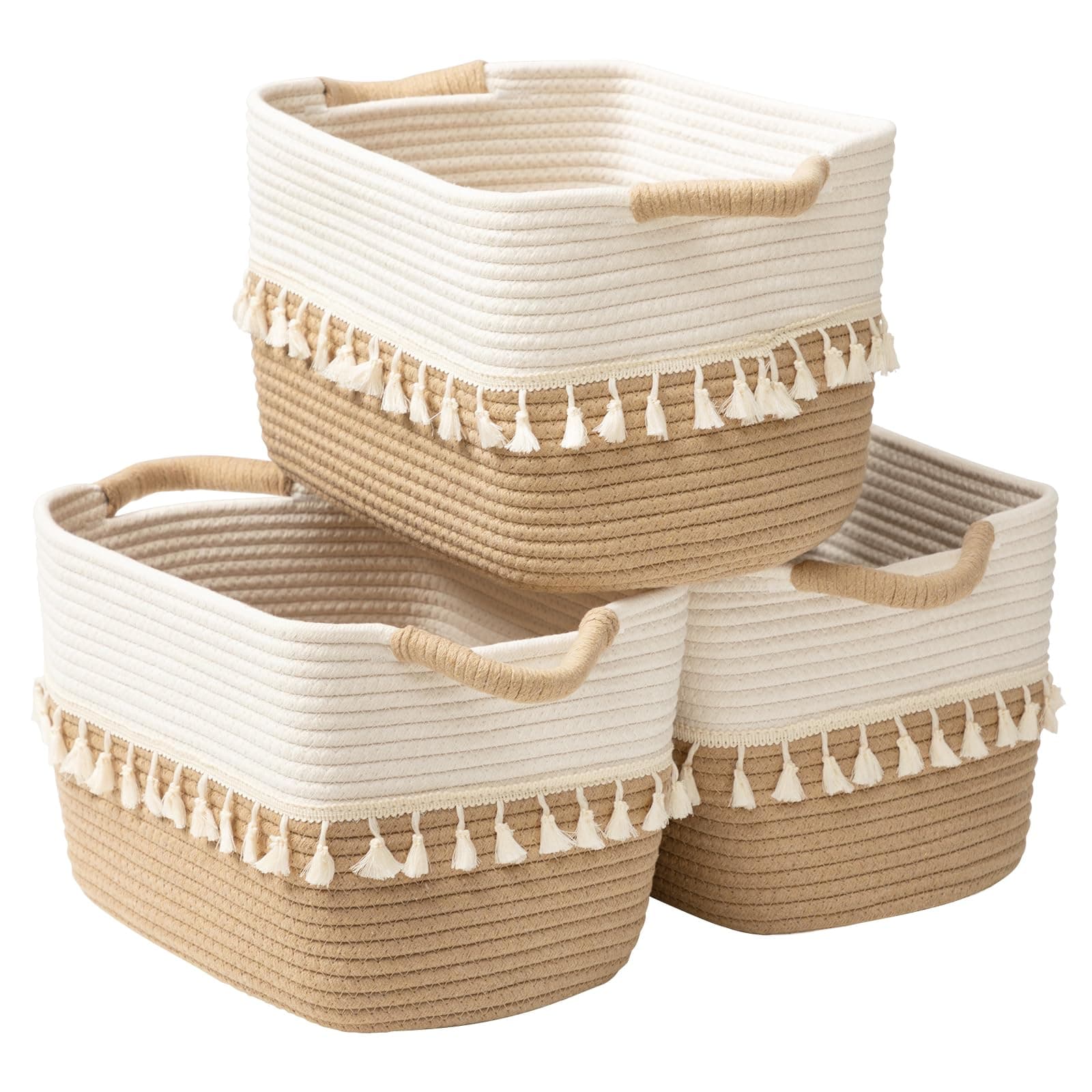 Woven Storage Bin Set of 3, Cotton Rope Basket for Storage, Clothes Boho Basket Bin for Organizing, Fabric Basket for Books, Plants, Pet Treats, White & Jute