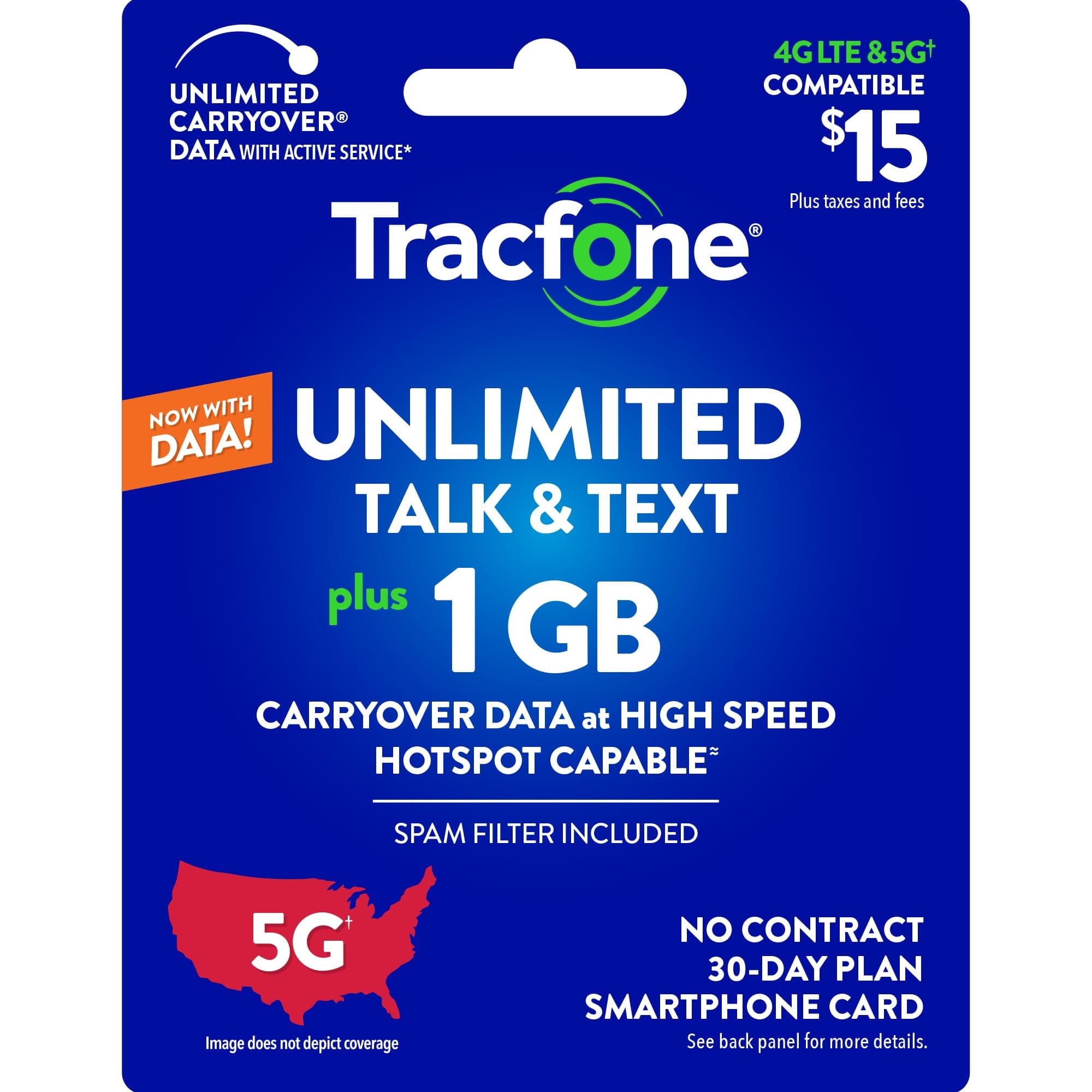 $15 Unlimited Talk & Text, 1 GB of Data / 30 Days (Physical Card)