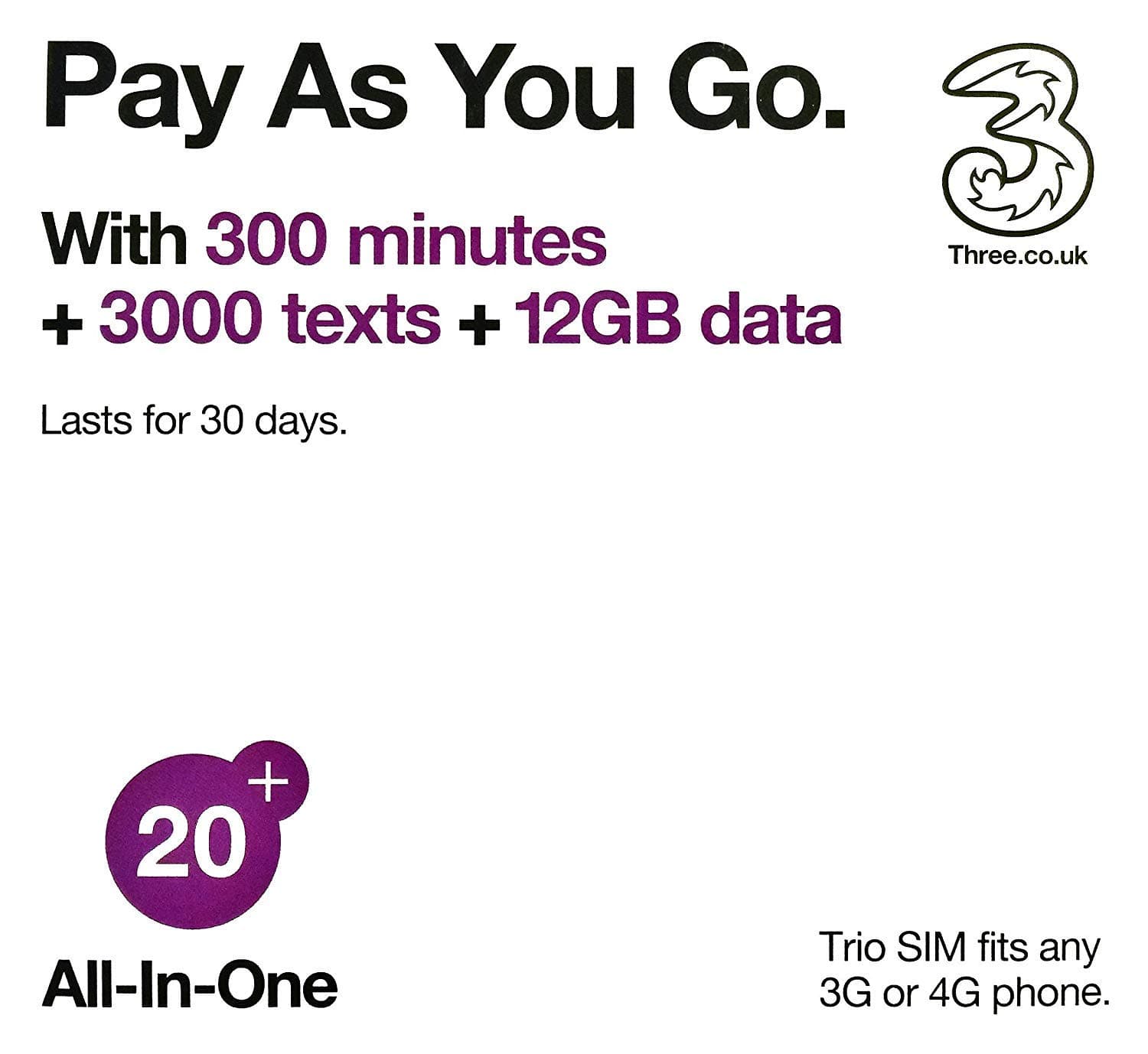 PrePaid Europe (UK THREE) sim Card 12GB Data+3000 Minutes+3000 Texts for 30 Days with Free Roaming/USE in 71 Destinations Including All European Countries