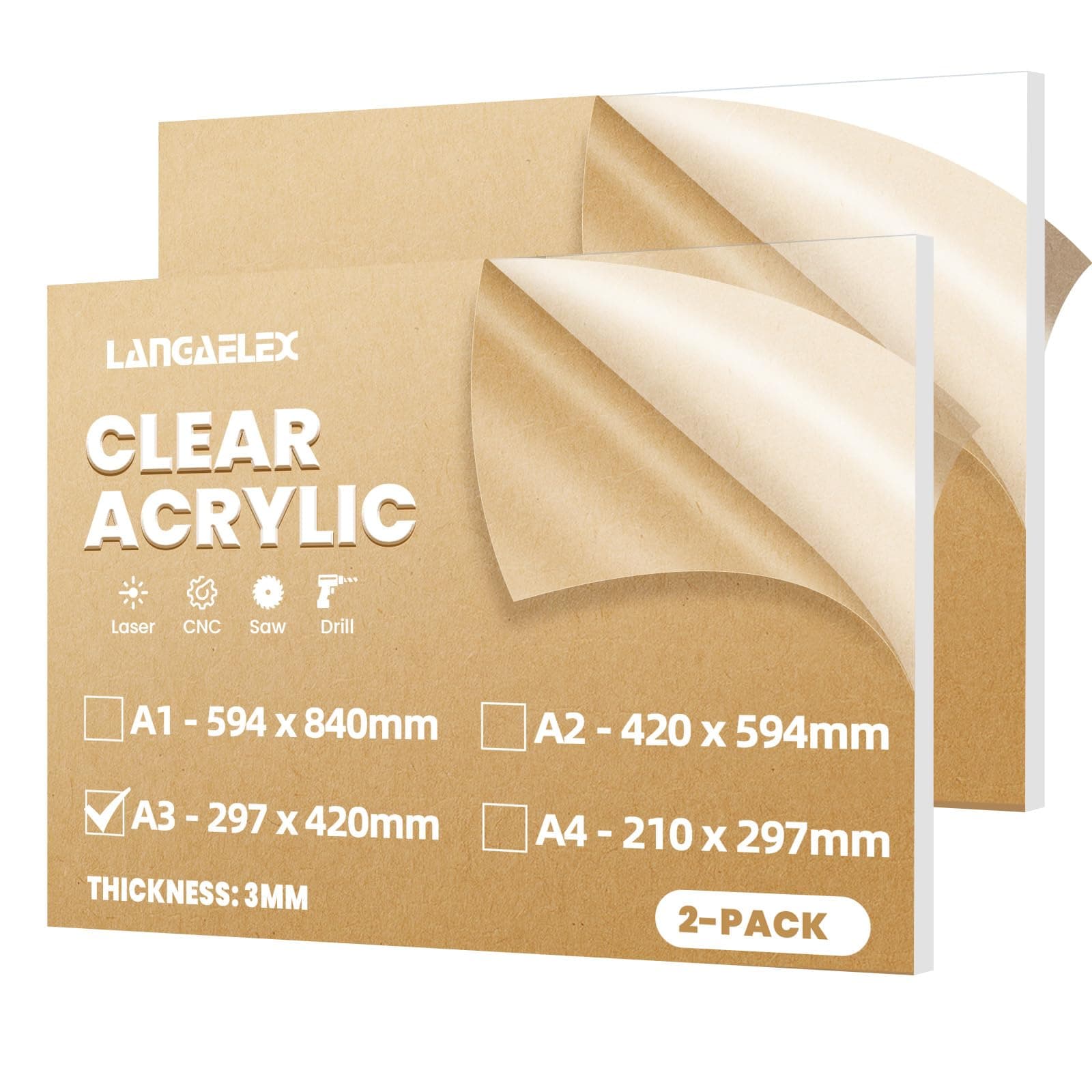 2 Pack A3 Clear Cast Acrylic Sheets 297 x 420mm, 3mm Thick Perspex Sheets cut to Size for Laser Engraving, Picture Frame, DIY and Crafts Project