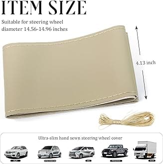 Leather Steering Wheel Cover, DIY Sewing with Needle & Thread, Breathable Anti-Slip Car Steering Wheel Protector, Universal 15 Inch Auto Steering Wheel Stitch on Wrap (Beige, Glossy)