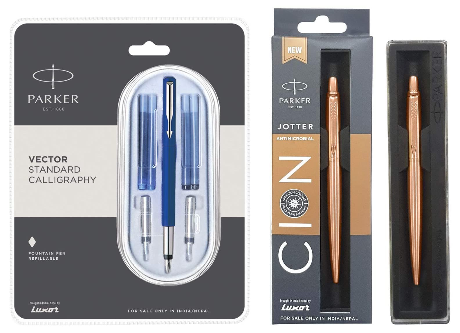 Calligraphy CT Fountain Pen (Blue), 7 Piece Set Jotter Anti Microbial Ball Pen (Ink - Blue)
