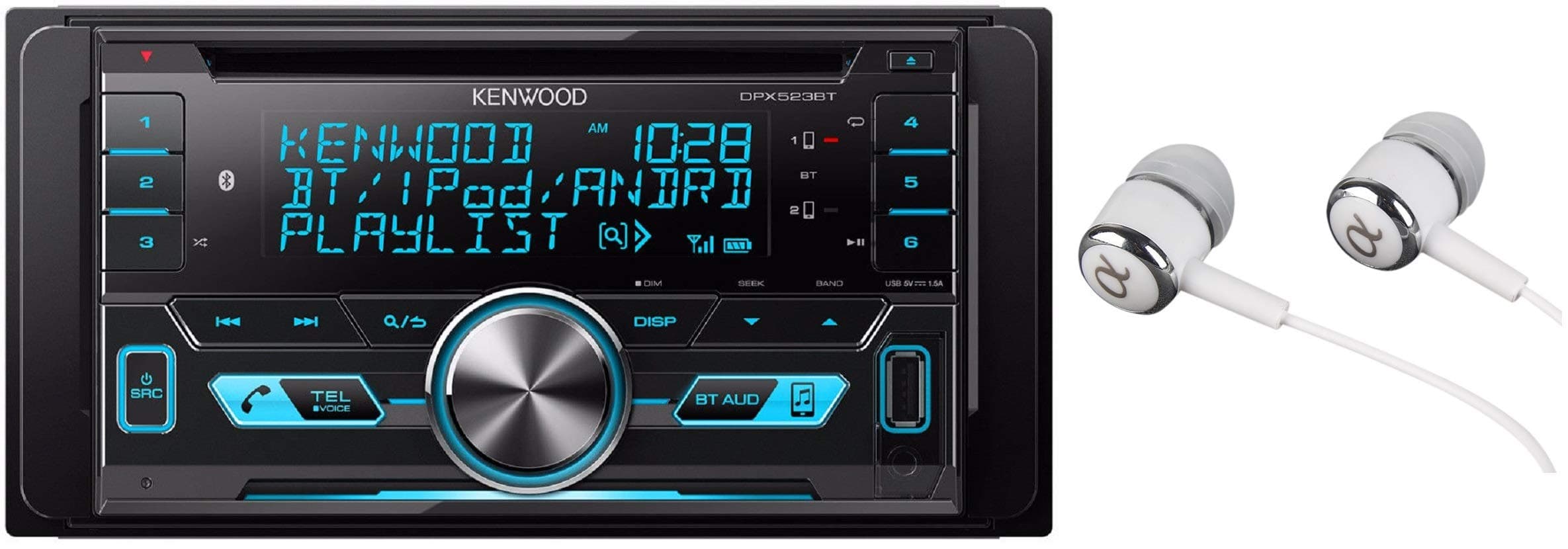Kenwood Double-DIN In-Dash CD/MP3/USB Bluetooth AM/FM Car Stereo Receiver High Resolution Audio Compatibility Pandora/iHeart Radio/Spotify/iPhone and Android App Ready with ALPHASONIK EARBUDS