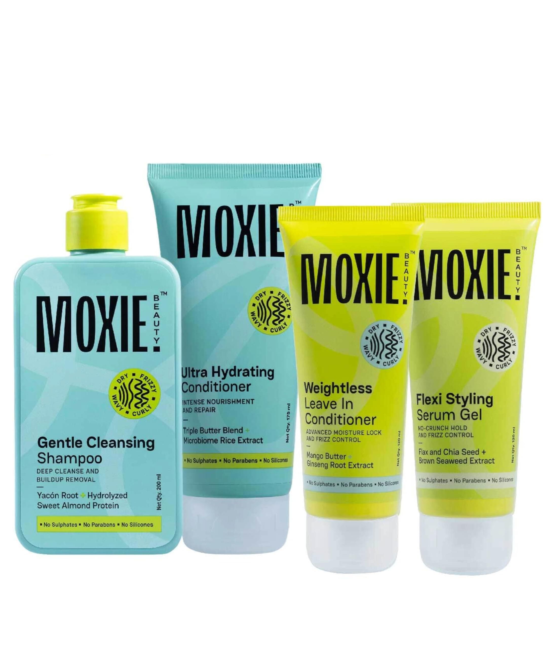 (The Moxie Wavy Routine) - Gentle Cleansing Shampoo -200 ml Ultra Hydrating Conditioner - 175 ml Flexi Stying Serum Gel - 120 ml & Weightless Leave In Conditioner 120 ml