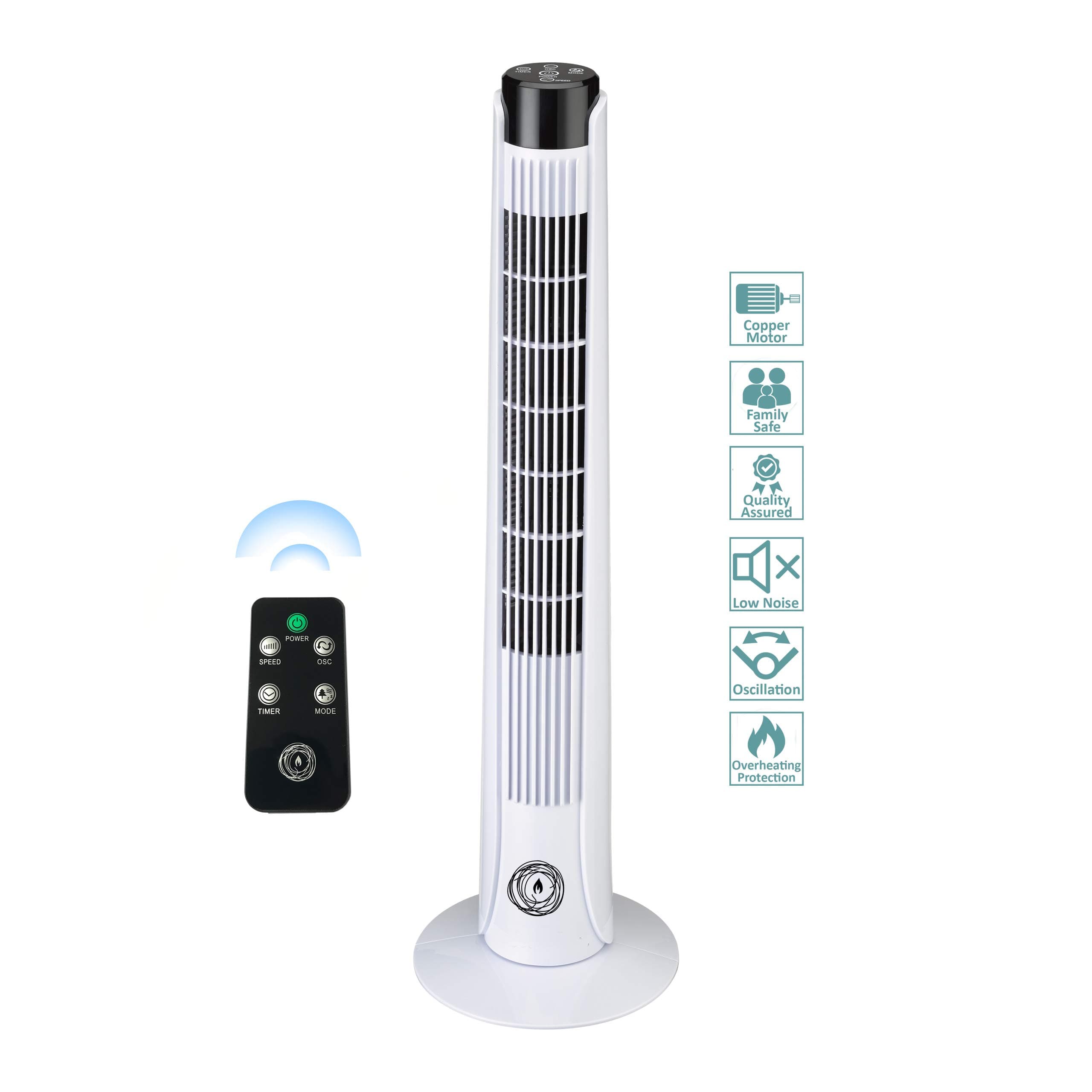 Ecolighters 36" Tower Fan With Remote Control Wind Curve Oscillation, Portable Fan, Power Full 3-speed 3-Wind Mode: Normal/Sleep/Nature Fans, 7,5 Hours Timer, Strong 50 W Motor Copper