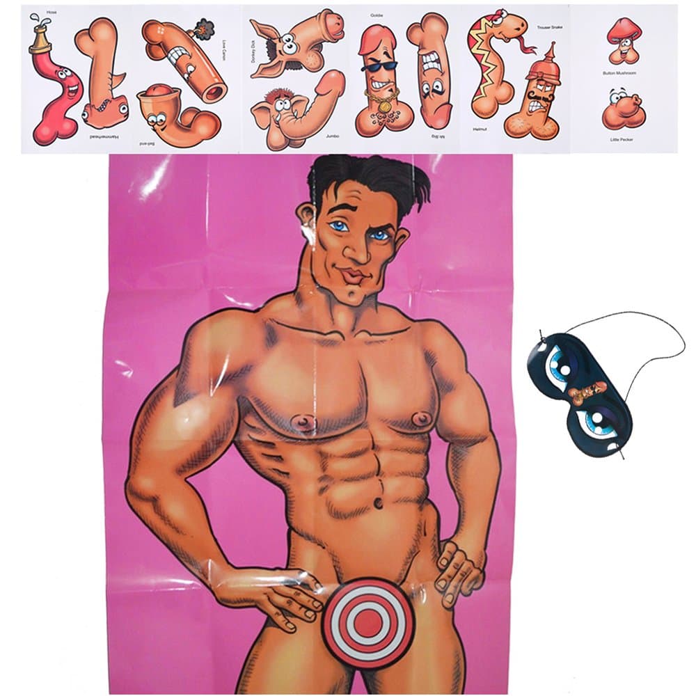 Bachelorette Party Games Decorations Pin The Junk On The Hunk Poster Game for Women Night Out Birthday Party Bridal Showers Naughty Bachelorette Party Favors Photo Backdrop Supplies with Eye Mask