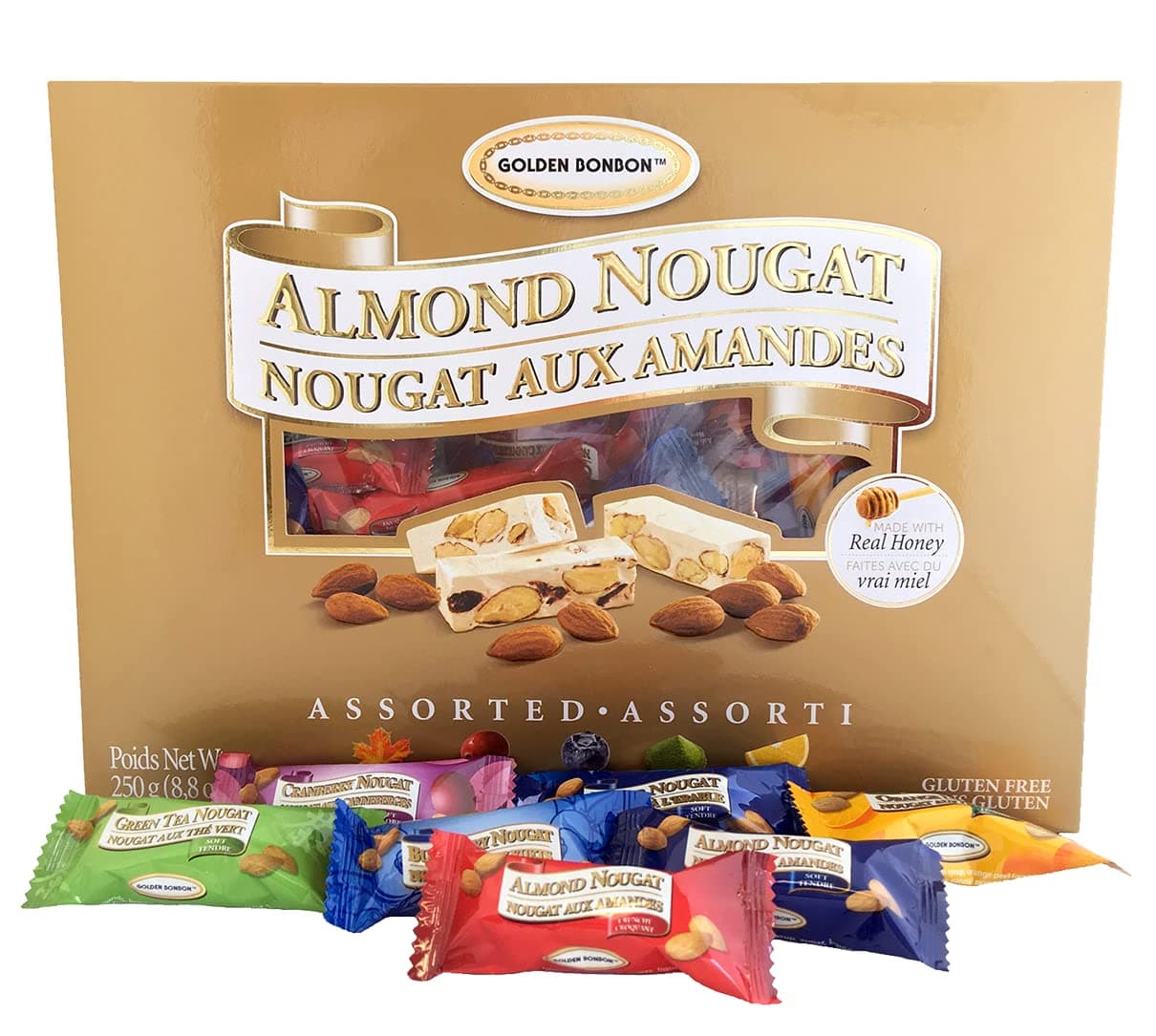 Golden Bonbon Assorted Almond Nougat Candy - Soft & Crunchy Mix, Gluten-Free, Halal Certified, No Artificial Flavors, 6 Flavors 250g / 8.8 oz