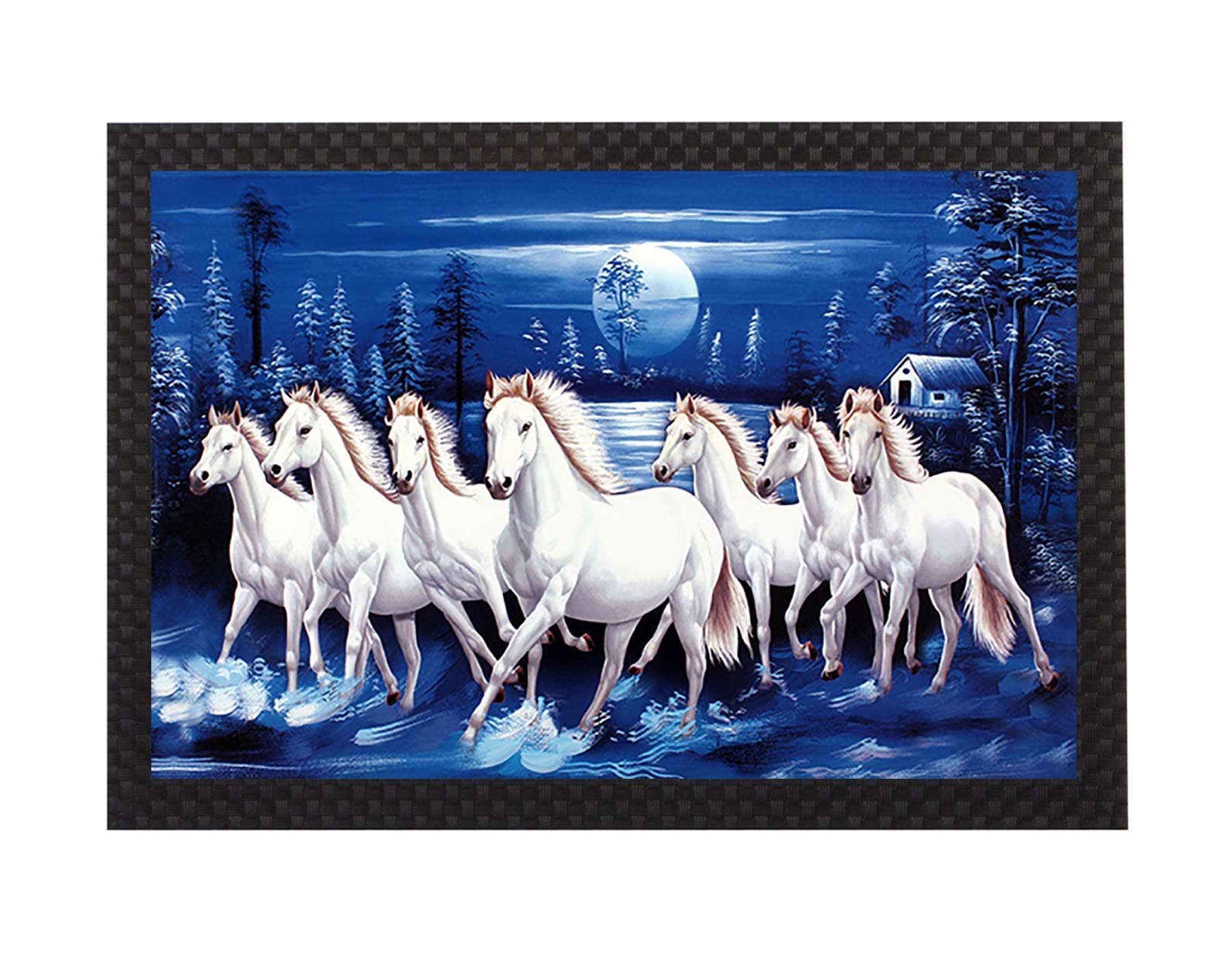 Saumic Craft Animals Theme - 7 Running Horses Sunrise Vastu Framed Painting (14 x 20 Inches, Medium) Multicolor