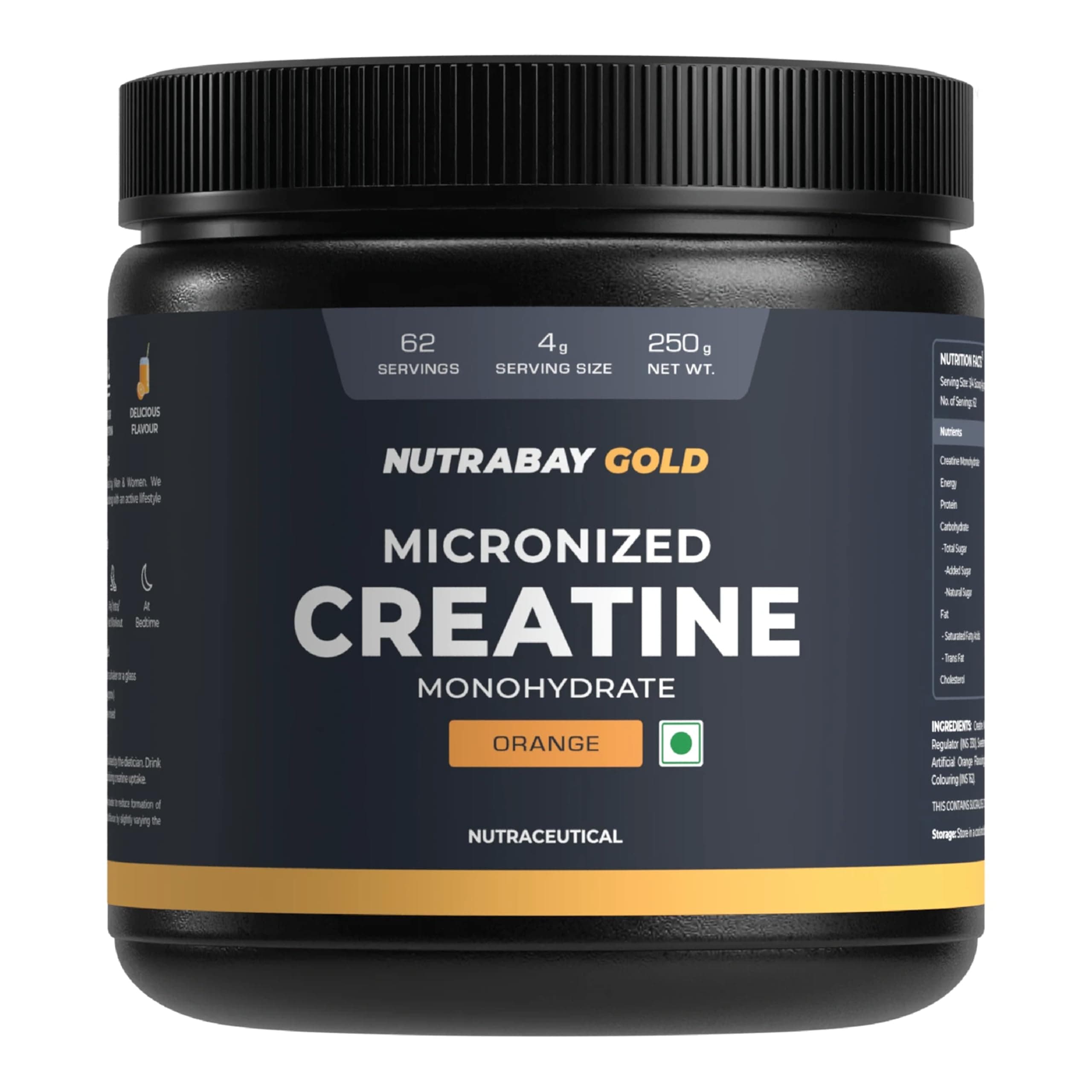 Nutrabay Gold Micronised Creatine Monohydrate Powder 3000 mg Creatine per Serving, NABL Lab Tested – Increases Muscle Mass, Strength & Power – Pre/Post Workout Supplement – 250 g, Orange