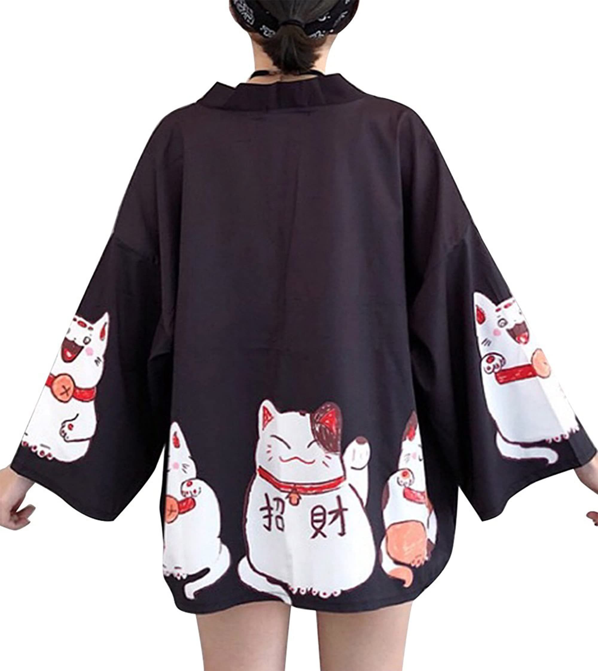 Women's Lucky Cat Cardigan Kimono Loose Cover up Casual Blouse Cute Tops