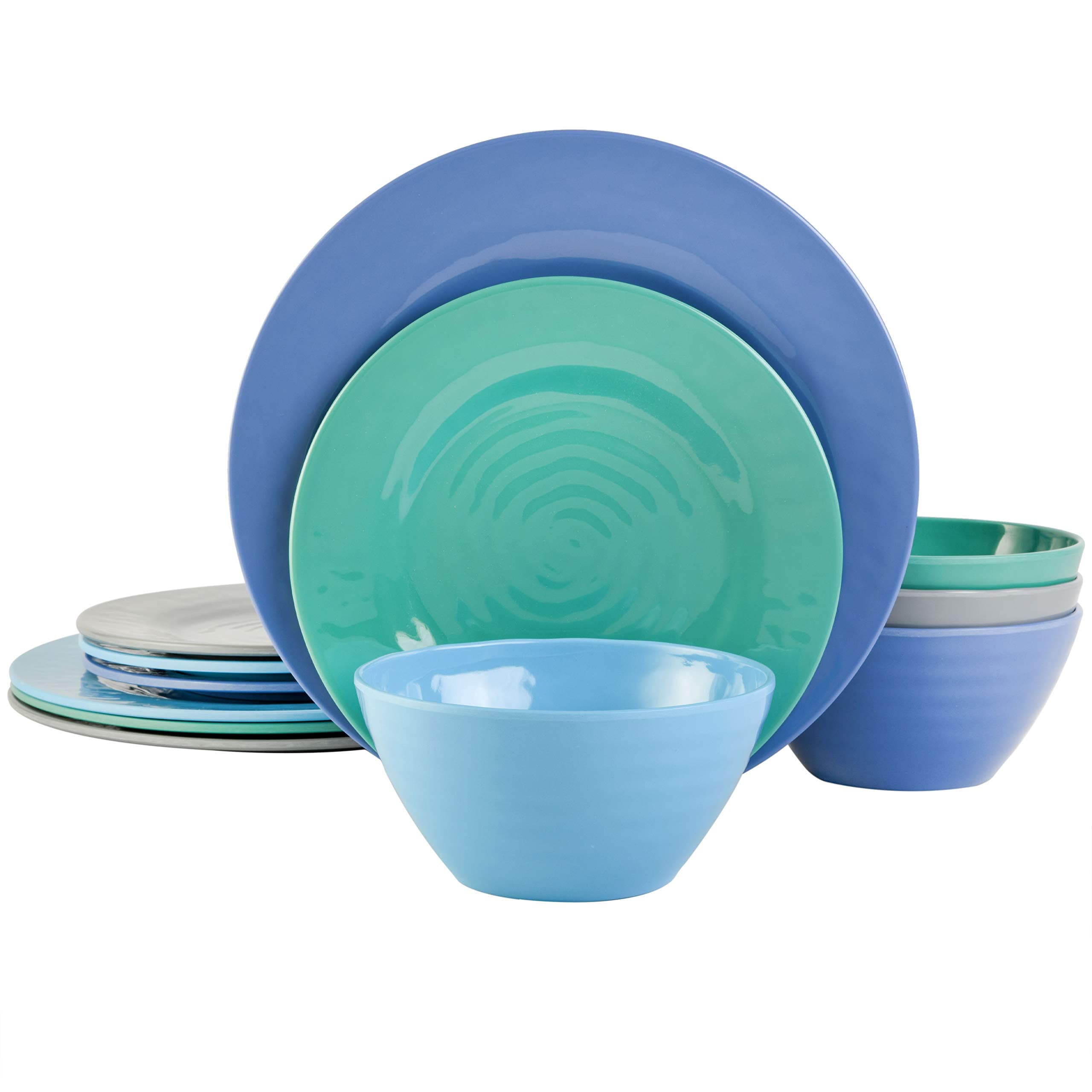 Brist 12 Piece Melamine Dinnerware Set; Blue, Gray, Chameleon and Periwinkle Blue