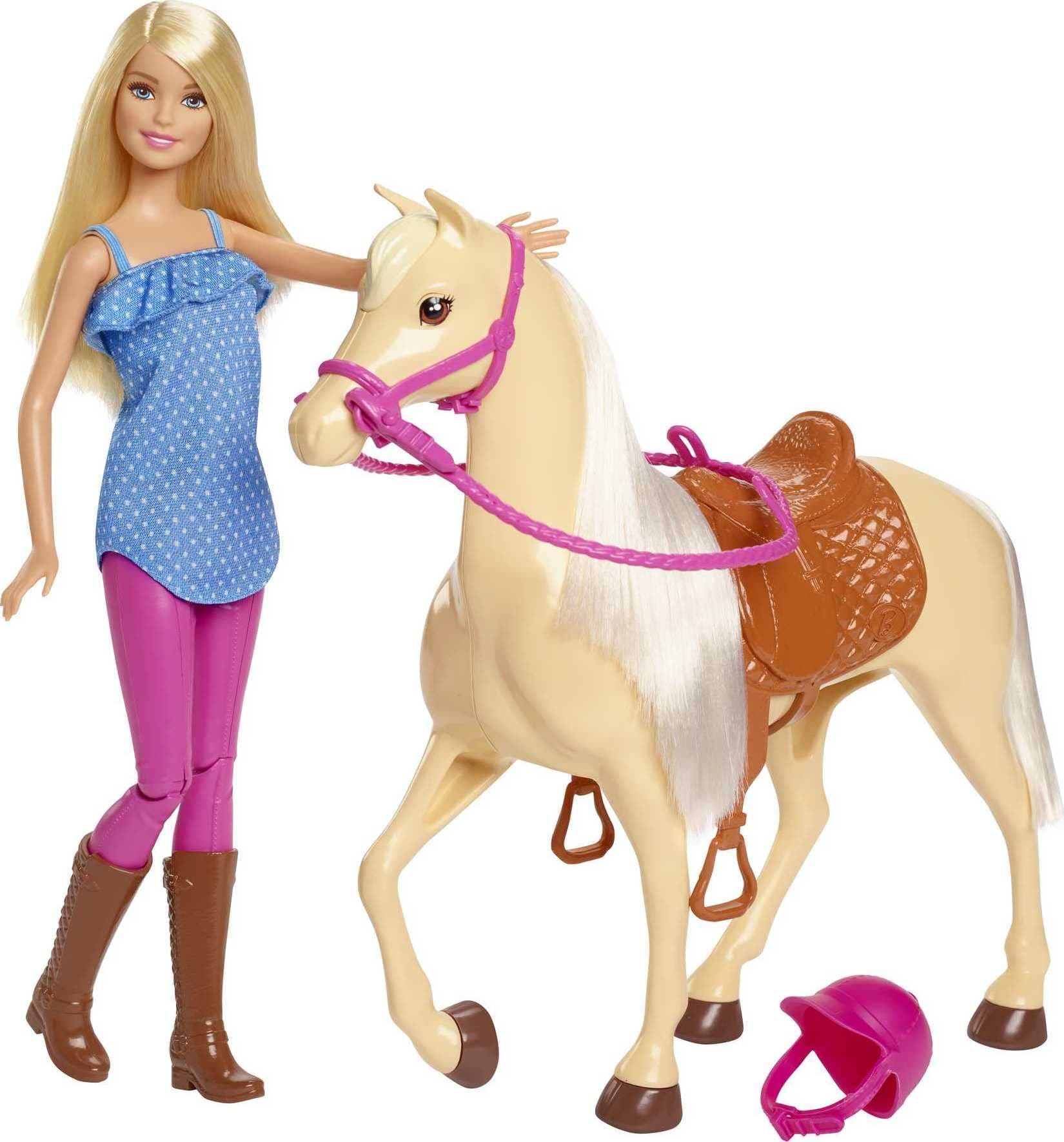 Doll, Blonde, Wearing Riding Outfit with Helmet, and Light Brown Horse with Soft White Mane and Tail, Gift for 3 to 7 Year Olds (Amazon Exclusive)