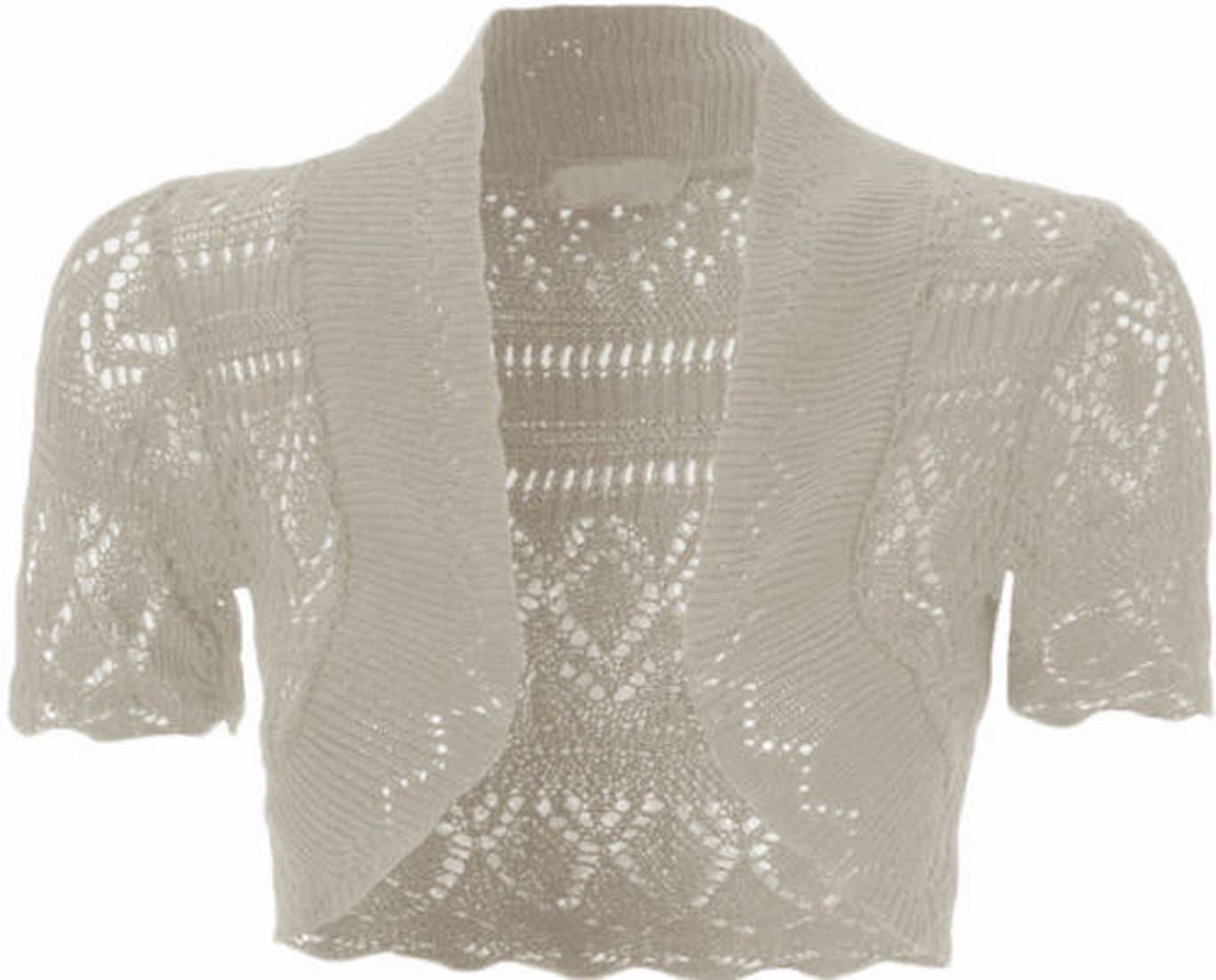 Womens Knitted Bolero Shrug Short Sleeve Crochet Shrug (M, Beige)