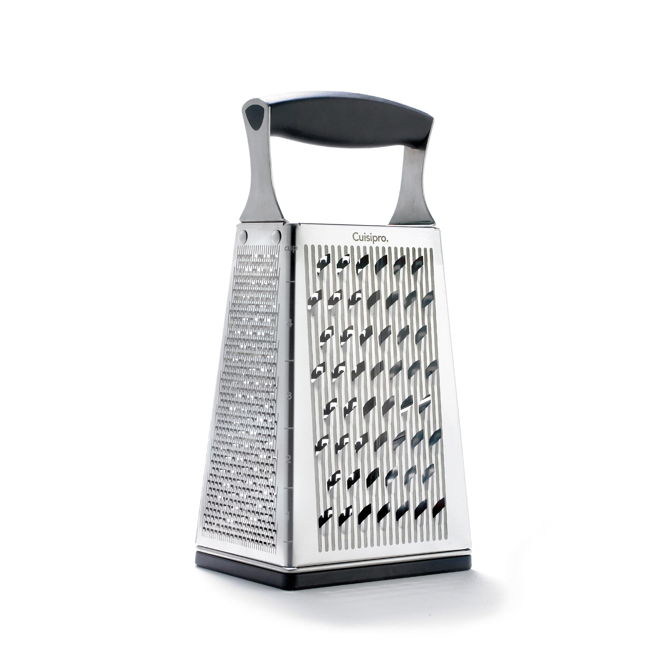 Cuisipro Stainless Steel Cheese Grater with Handle, 4 Sided Box Grater for Kitchen, Ginger Grater Dishwasher Safe, Fruit and Vegetables Slicer, Cheese Shredder for Potato, Chocolate, Parmesan, Ginger