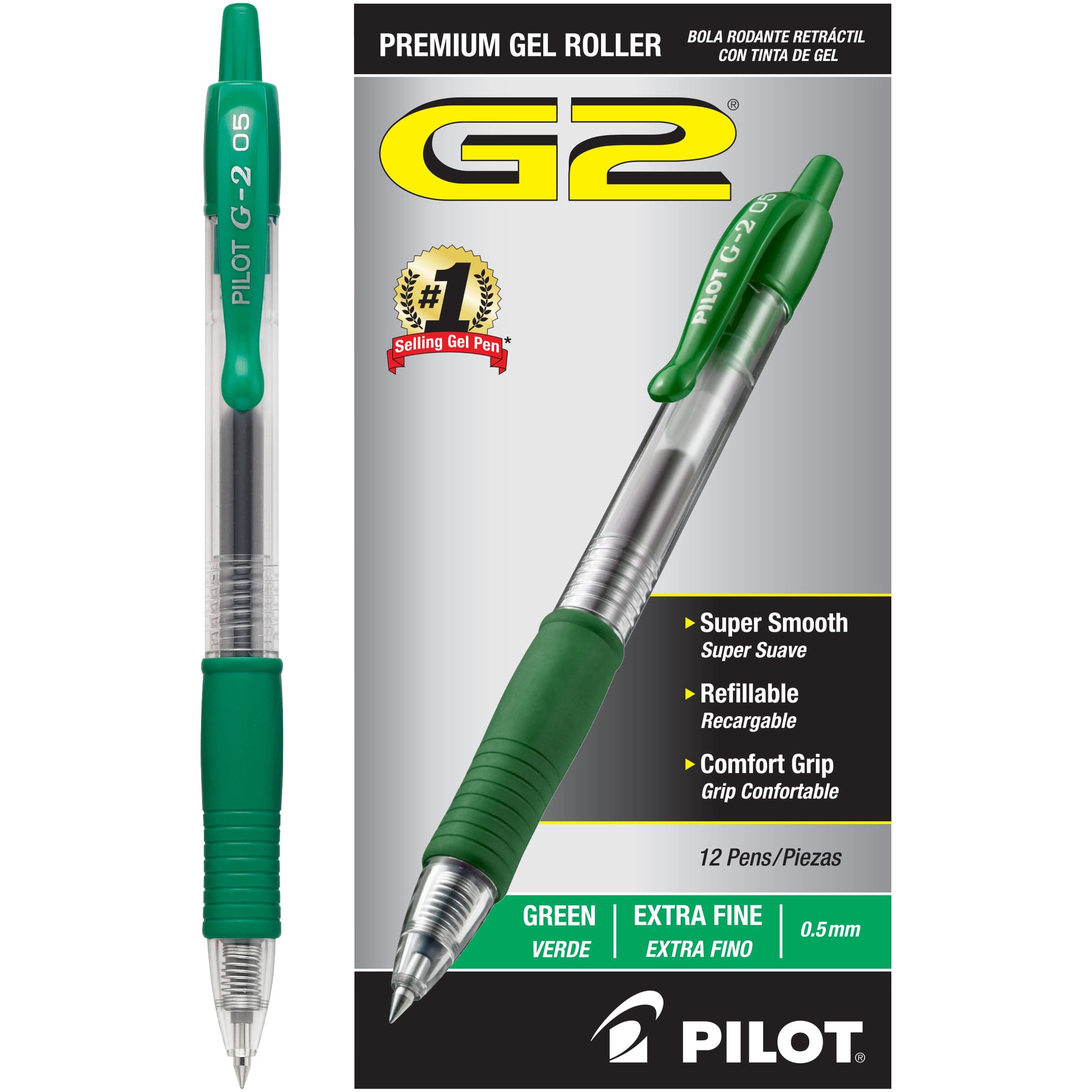 Pilot, G2 Premium Gel Roller Pens, Extra Fine Point 0.5 mm, Pack of 12, Green
