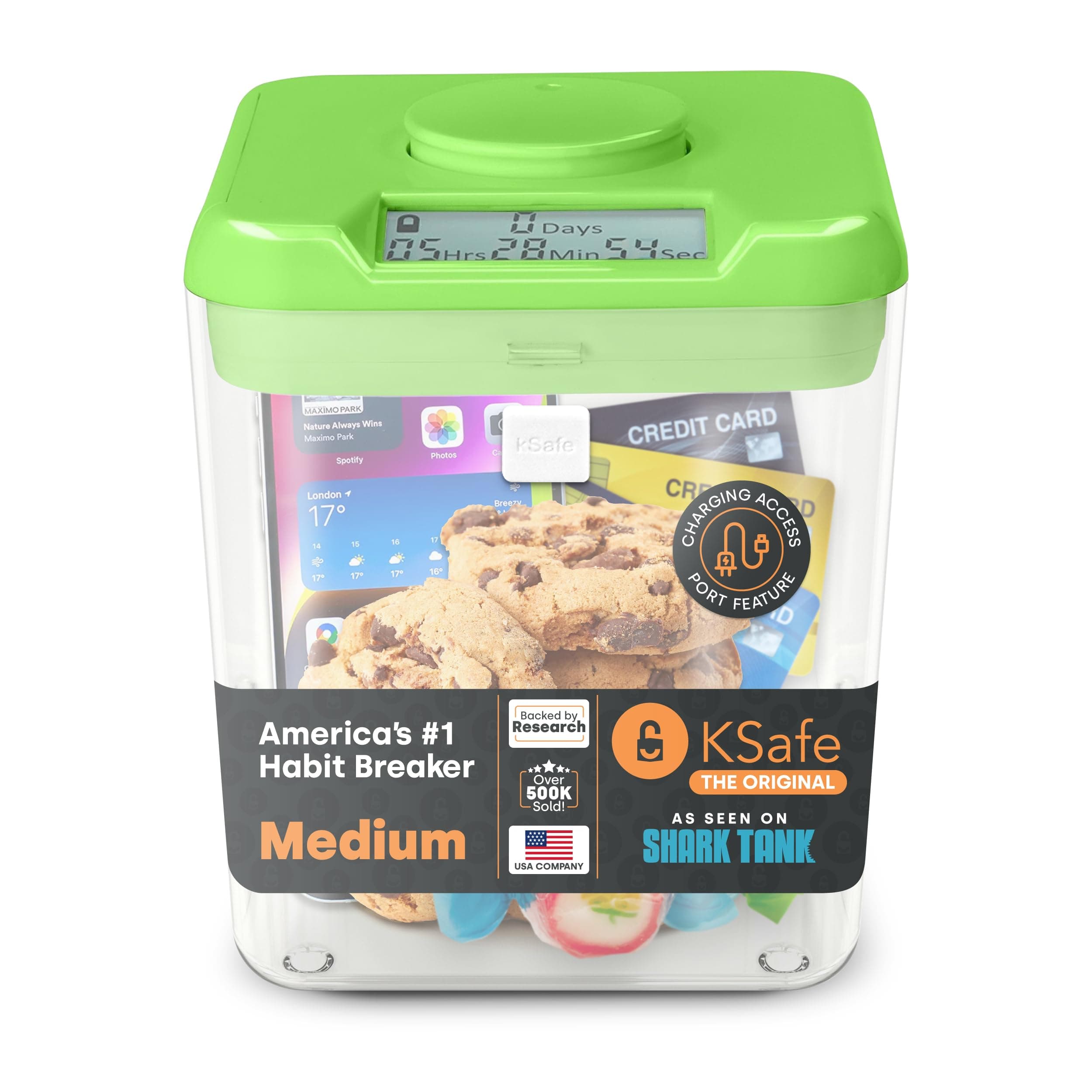 Kitchen Safe Time Locking Container, Phone Jail, Medication Lock Box, Break Bad Habits, Quit Smoking, Stop Snacking, Gaming Addiction, Family Time (Medium, Green Lid + 5.5” Clear Base w/Access Port)