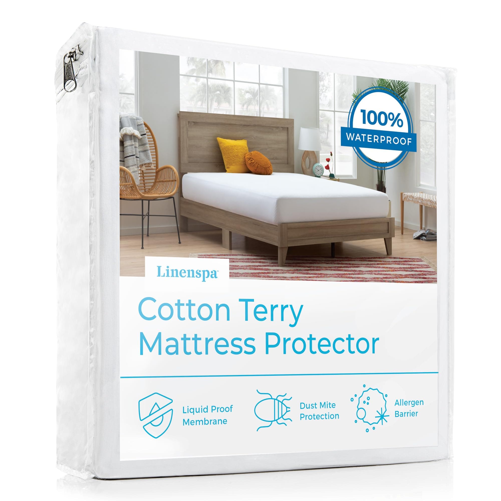 Linenspa Cotton Terry Waterproof Mattress Protector - Top Protection - Twin Mattress Protector, White