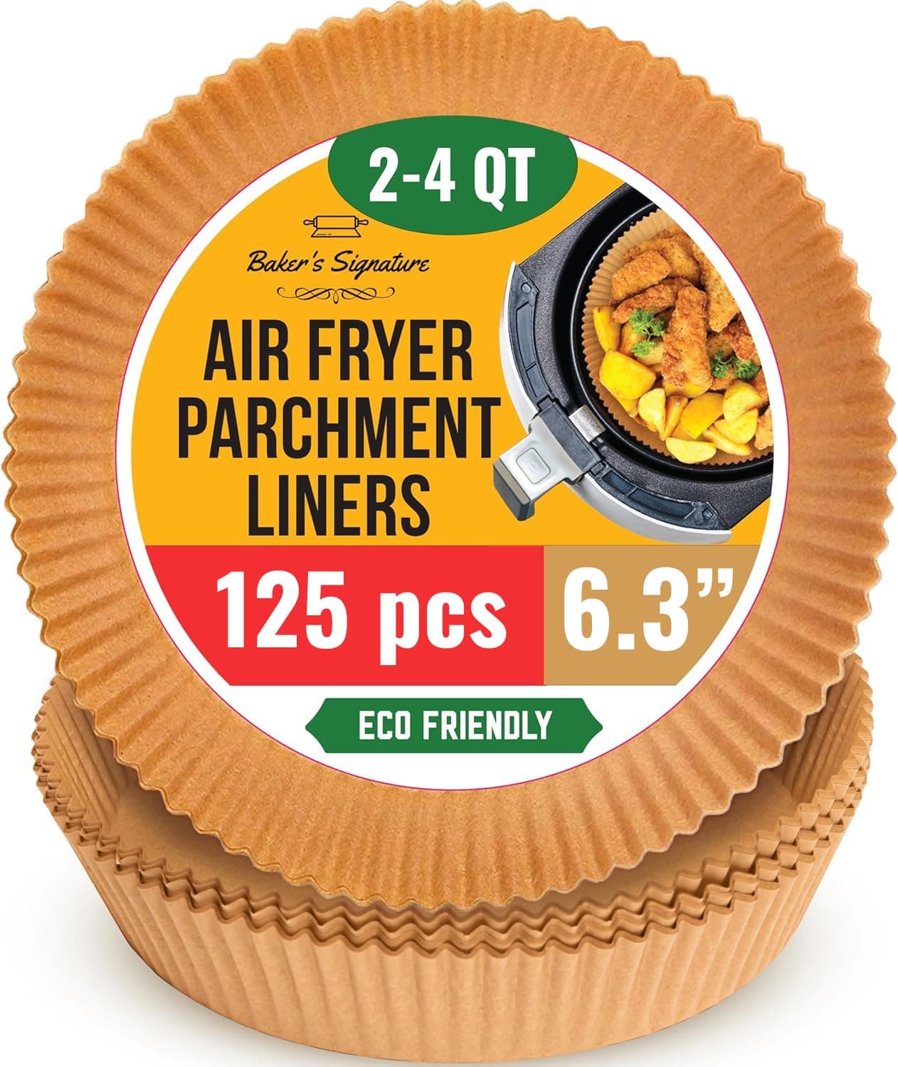 Baker's Signature 6.3" Small Round Air Flyer Liner, 2-4 Quart Air Fryer Paper Liner, 125 Disposable Parchment Paper for Air Fryers - Non-Stick, Oil Resistant and Easy to Clean