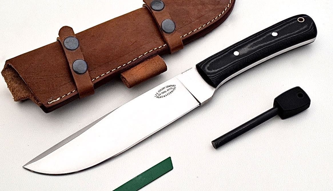CFK Cutlery Company USA - Trail BOSS - Custom Handmade D2 Tool Steel Micarta Bushcraft Convex Flat Grind Large Hunting Skinning Camping Knife & Leather Sheath & Fire Starter Rod CFK38