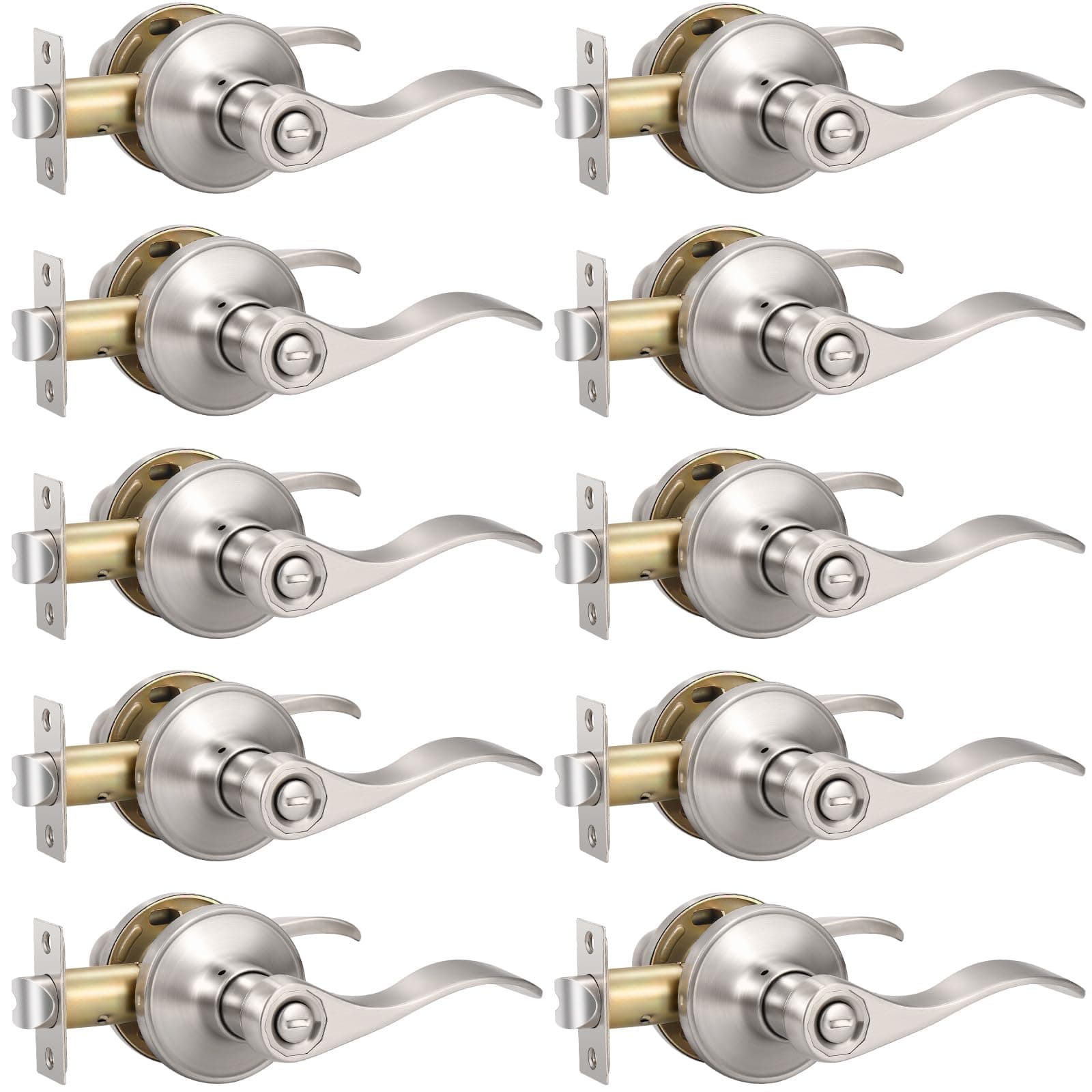 Knobonly 10 Pack Brushed Satin Nickel Door Lever Privacy Door Handles, Zinc Alloy Door Handle Interior, Keyless Lock for Bedroom or Bathroom