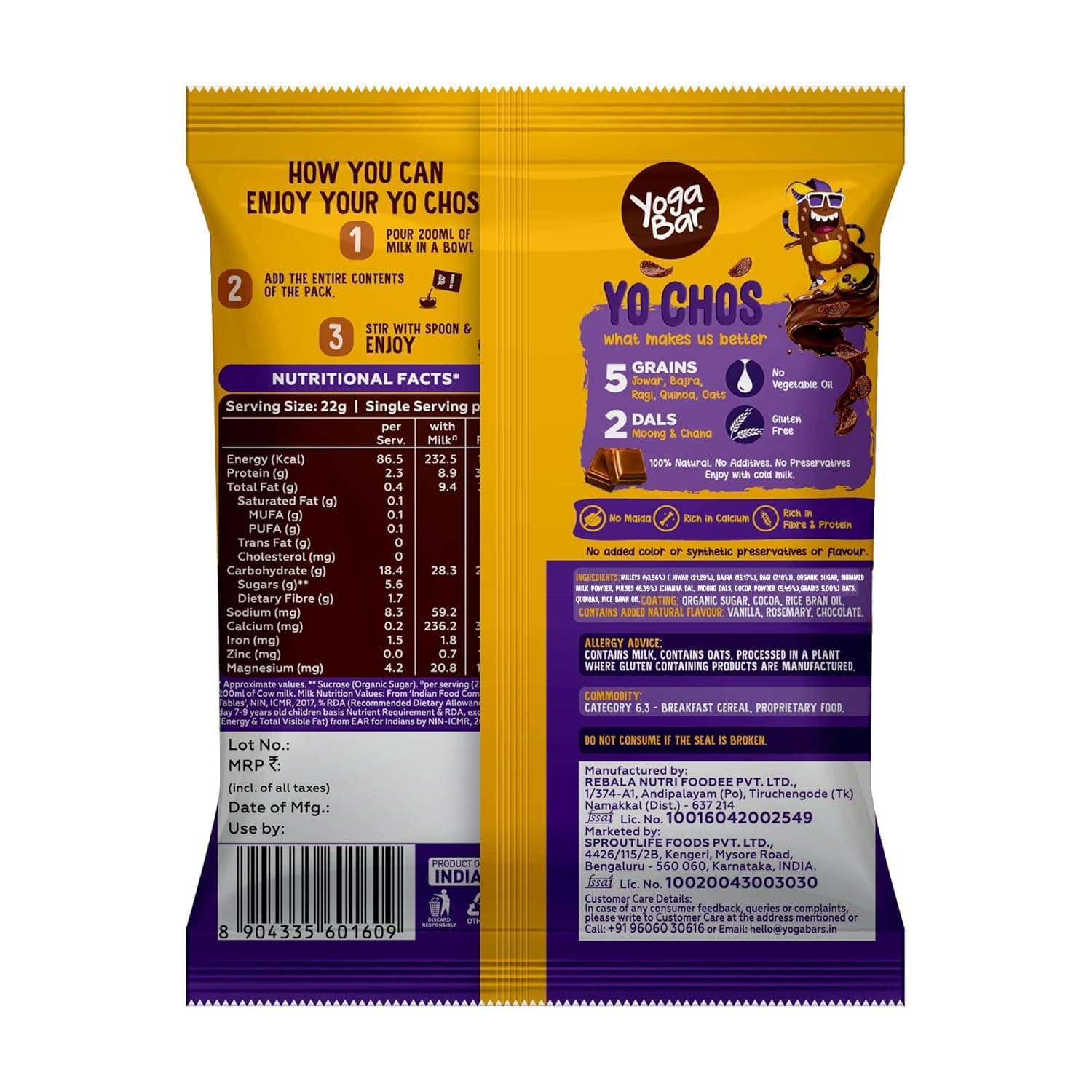 Yogabar Yo Chos Breakfast Cereals No Maida Choco for Kids - Cereal with 5 Whole Grains & 2 Dals - Gluten Free Children's Cereal for Breakfast - Healthy Food - 22 g