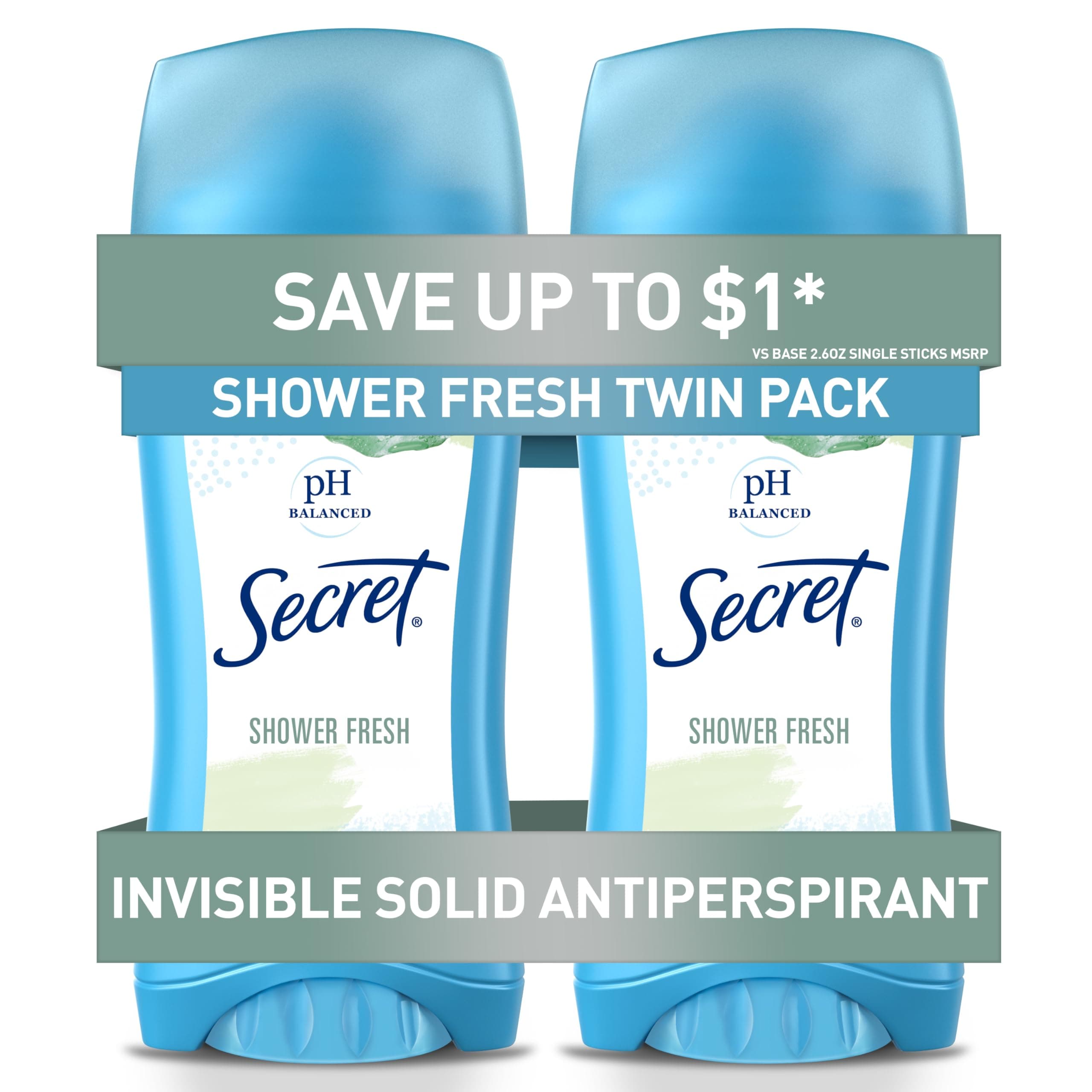 Secret Antiperspirant and Deodorant for Women, pH Balanced Invisible Solid, Shower Fresh Scent, 2.6 Oz Twin Pack