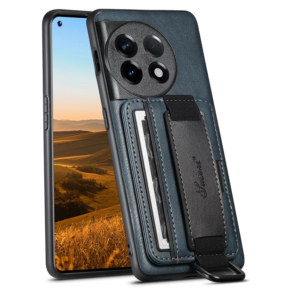 YIMICO Premium Leather Case for OnePlus 11,Card Slot Wallet Kickstand Elastic Wristband Metal Ring Full Body Shockproof Protection Anti-Scratch Wallet Case (Blue)