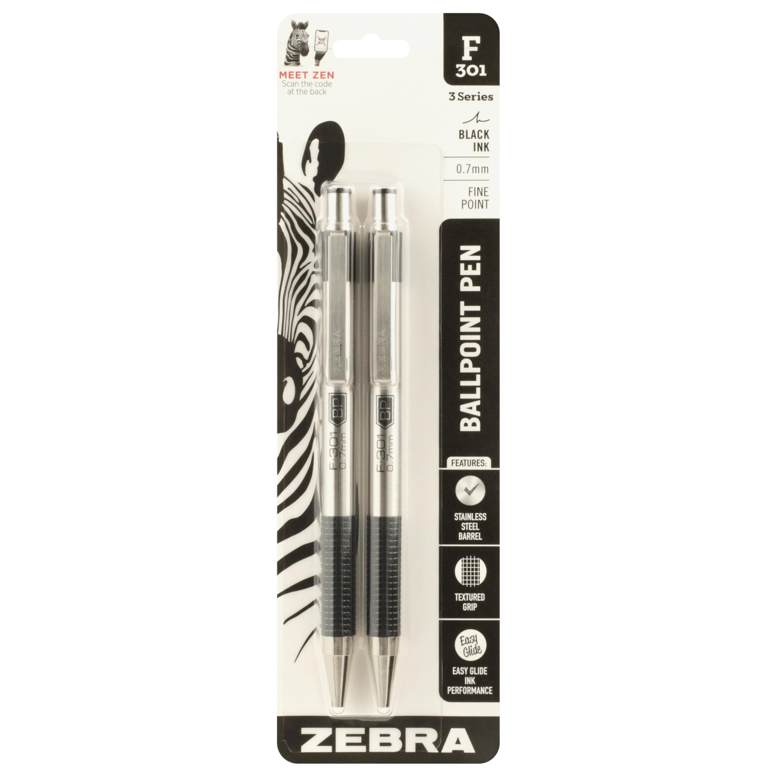 F-301 Retractable Ballpoint Pen, Stainless Steel Barrel, Fine Point, 0.7mm, Black Ink, 2-Pack