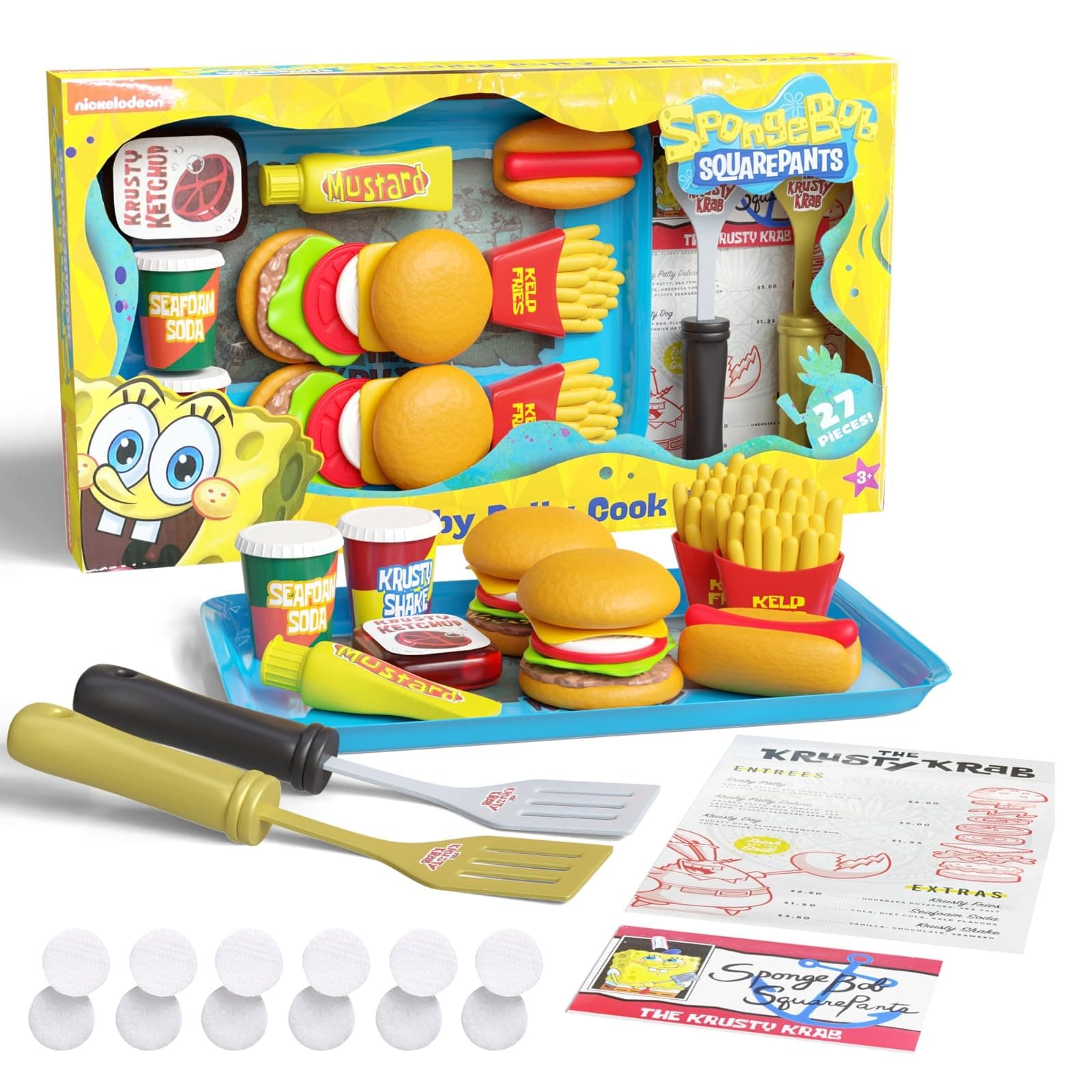 Spongebob Kids Kitchen Playset - Interactive Play Food with 2 Krabby Patty Burgers, Seafoam Shake, Kelp Fries, Spongebob Toys Kitchen Set for Kids Ages 3-5 Includes Velcro Dots