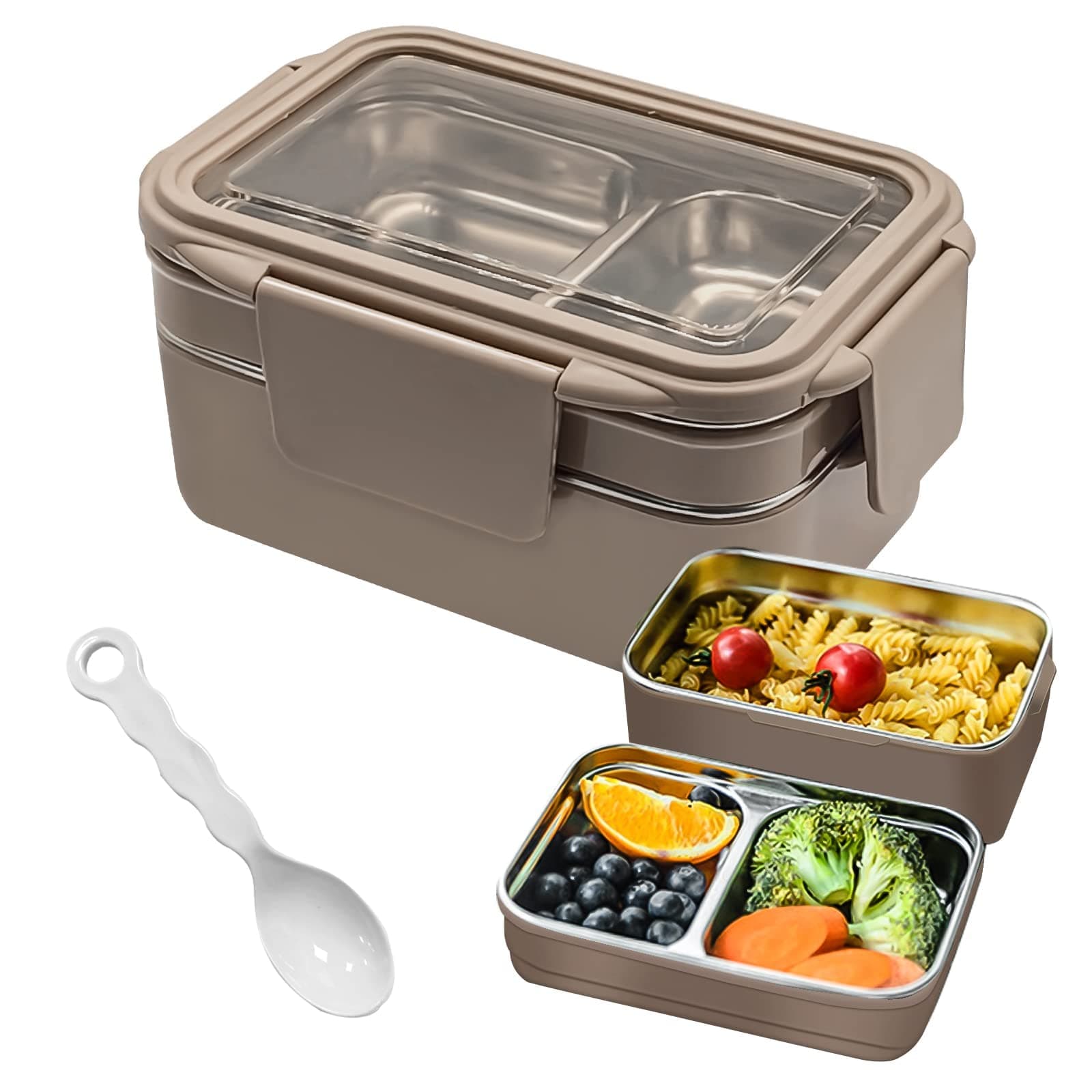 UCHUANG Bento Lunch Box for Adults & kids, Reusable Stainless Steel Meal Box, Leakproof Food Storage Containers with 2 Layers Divders,Suitable Freezer Dishwasher,Healthy Lunches & Snacks - Khaki