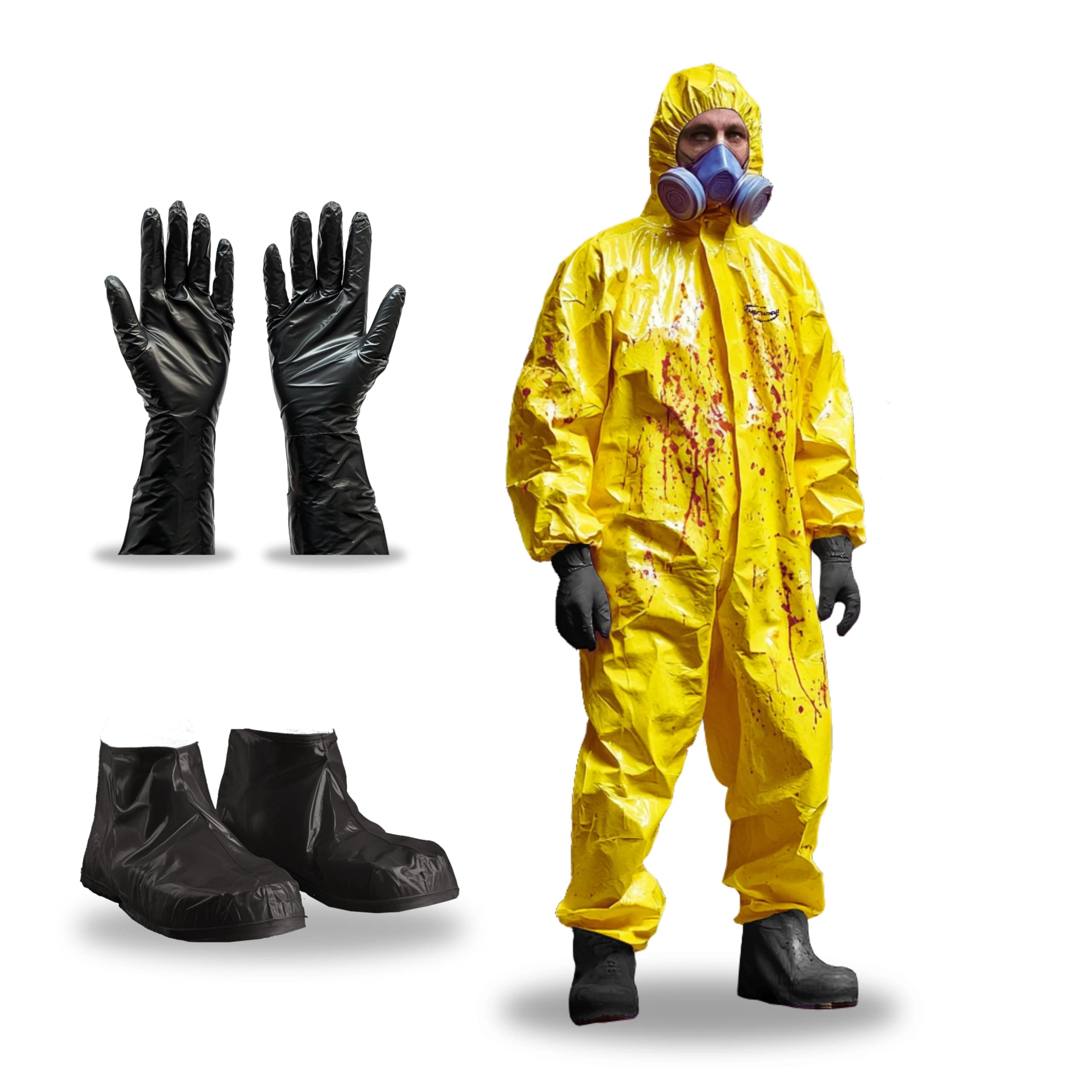 Yellow Coverall Chemical Suit With Reusable Acid Resistant Gloves And Plastic Waterproof Shoe Cover